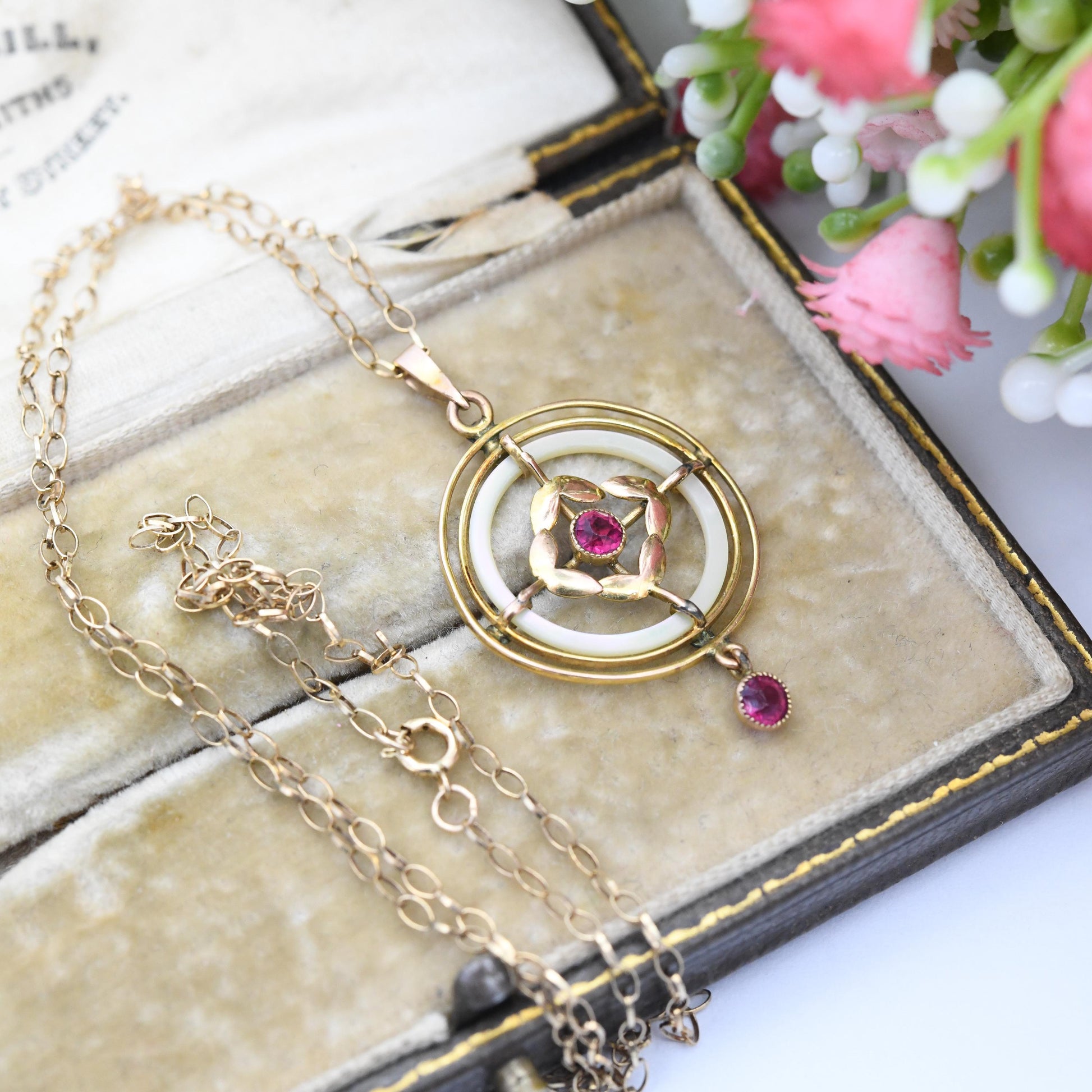 Antique 9ct Gold Edwardian Lavalier Mother of Pearl Pendant Necklace - Pretty Red Stone Drop | Delicate Gold Jewellery Gift