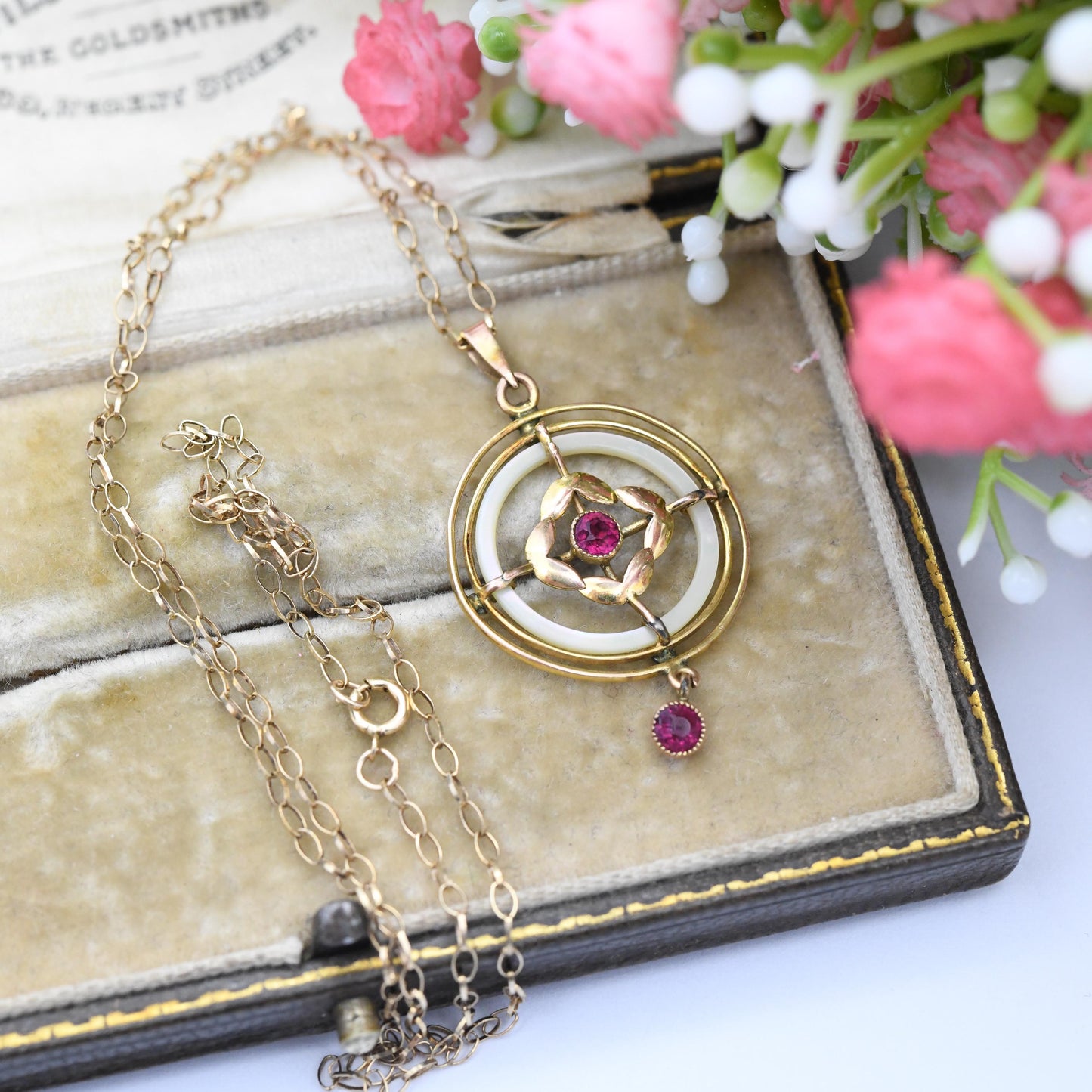 Antique 9ct Gold Edwardian Lavalier Mother of Pearl Pendant Necklace - Pretty Red Stone Drop | Delicate Gold Jewellery Gift