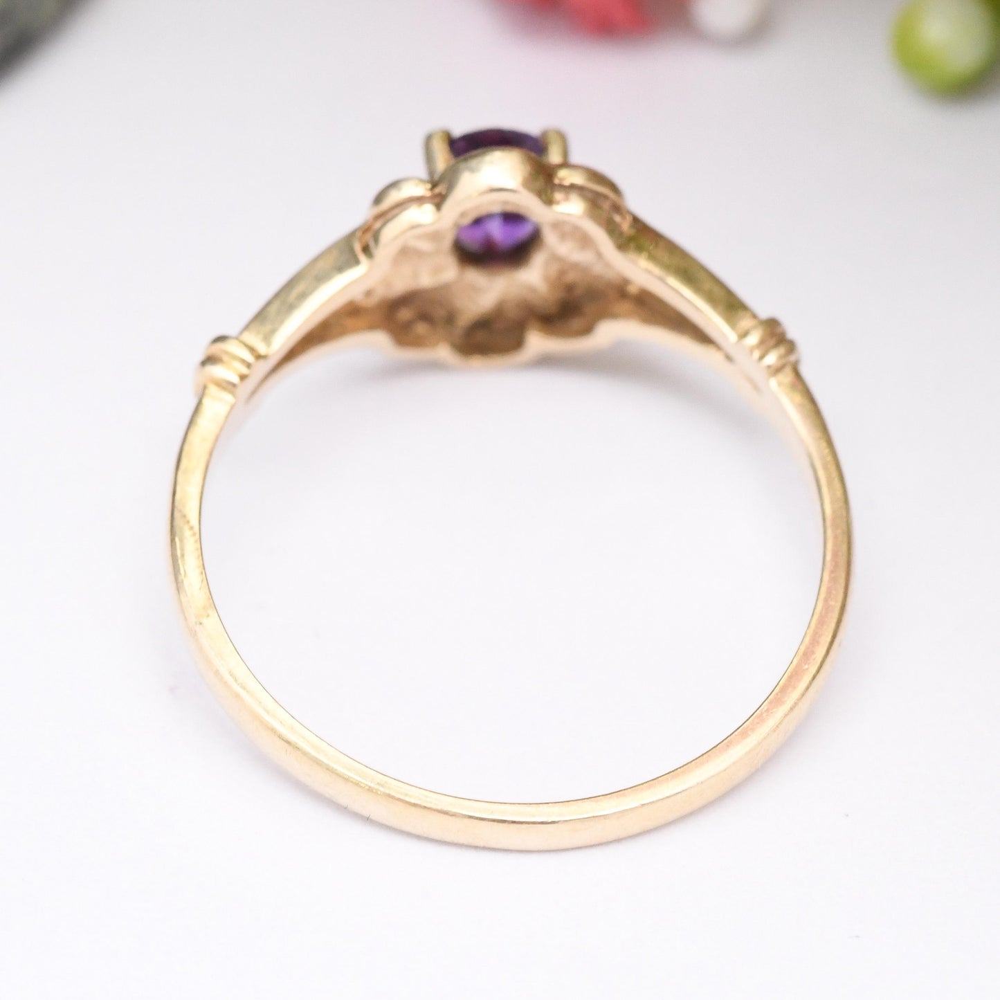 Vintage 9ct Gold Amethyst Ring Spiral Flower Shape - 1990's Design Purple Stone Solitaire | Thumb Ring | UK Size - P | US Size - 7 3/4