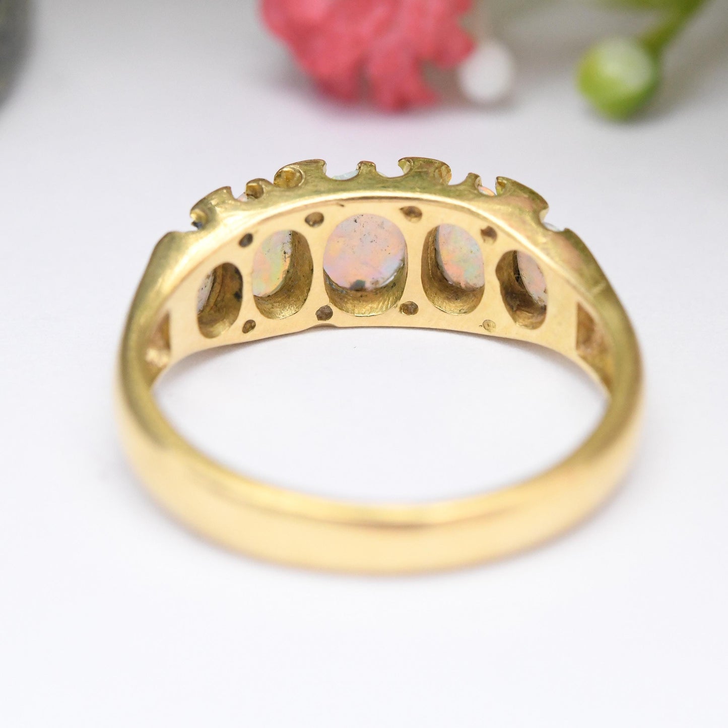 Vintage 18ct Gold Opal Diamond Gypsy Ring - Oval Cabochon Five Stones | Mid-Century Antique Revival Style | UK Size M 1/2 | US Size 6 1/2