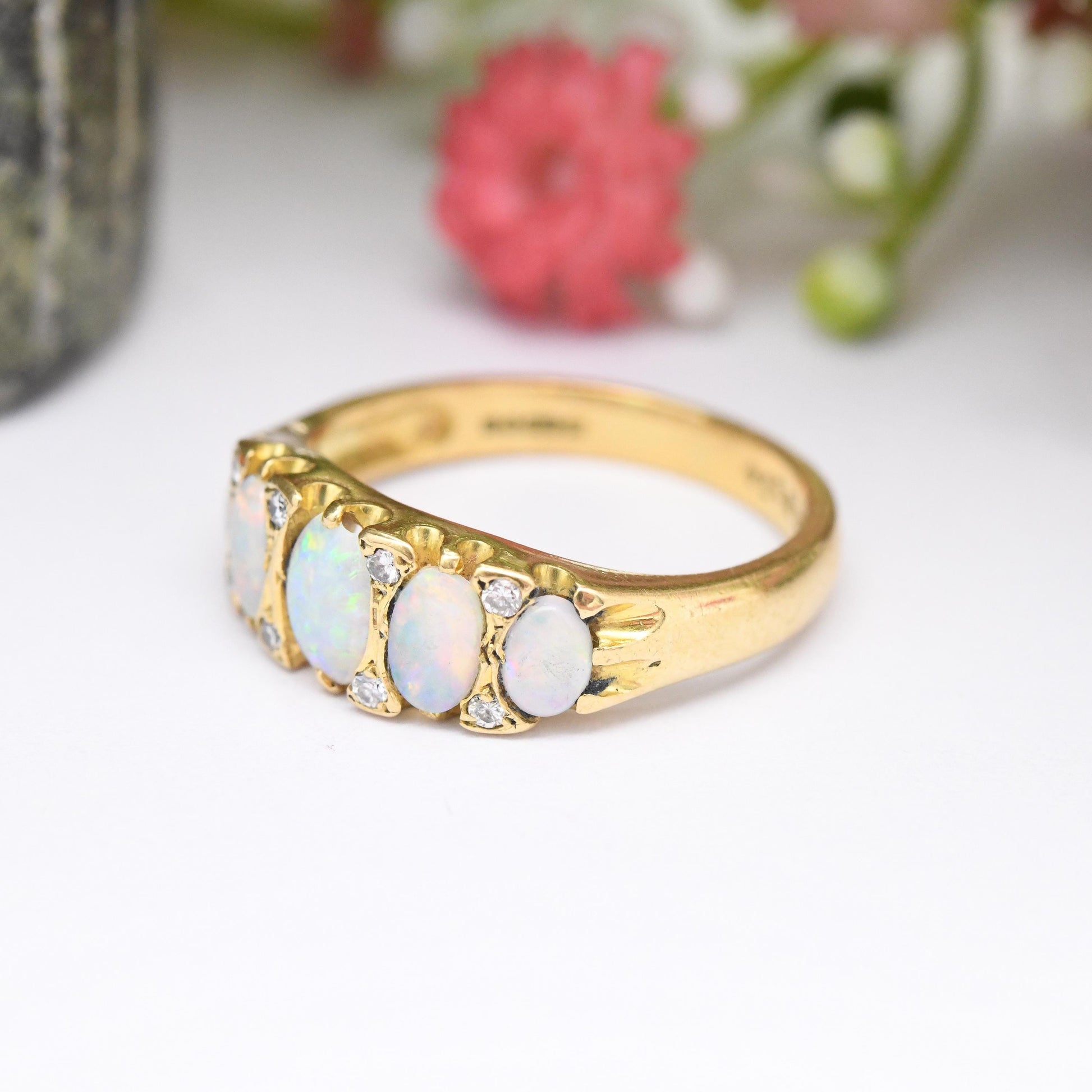 Vintage 18ct Gold Opal Diamond Gypsy Ring - Oval Cabochon Five Stones | Mid-Century Antique Revival Style | UK Size M 1/2 | US Size 6 1/2