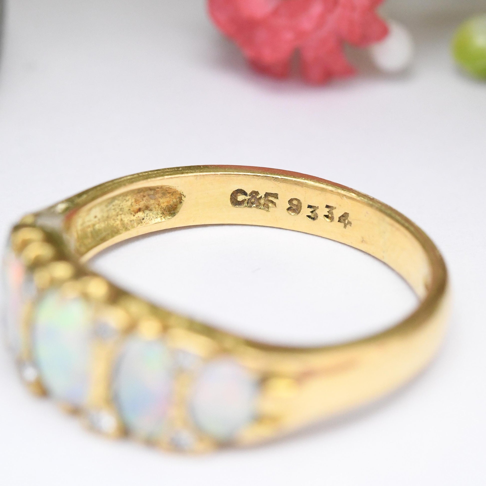 Vintage 18ct Gold Opal Diamond Gypsy Ring - Oval Cabochon Five Stones | Mid-Century Antique Revival Style | UK Size M 1/2 | US Size 6 1/2