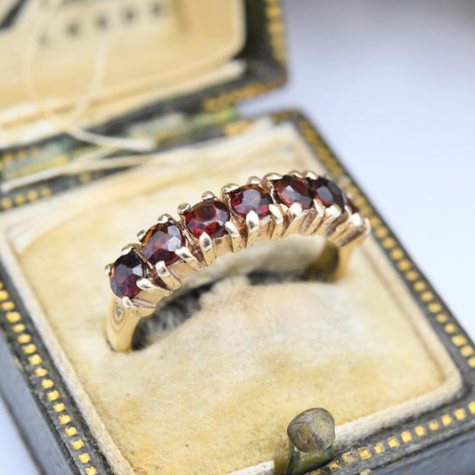 Vintage 9ct Gold Garnet Ring Seven Stones 1978 - Faceted Red Gemstone Half Eternity Band Ring | Large Stones | UK Size - L | US Size - 5 3/4