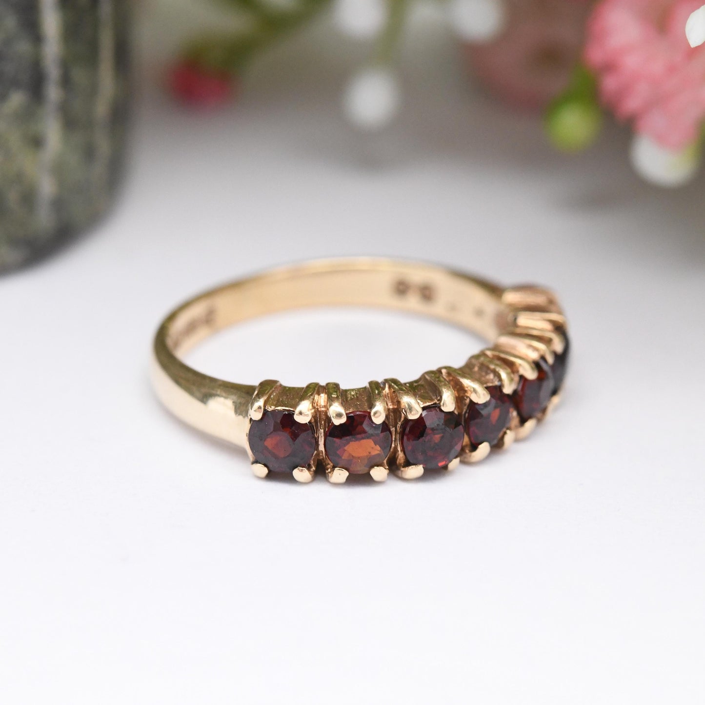 Vintage 9ct Gold Garnet Ring Seven Stones 1978 - Faceted Red Gemstone Half Eternity Band Ring | Large Stones | UK Size - L | US Size - 5 3/4