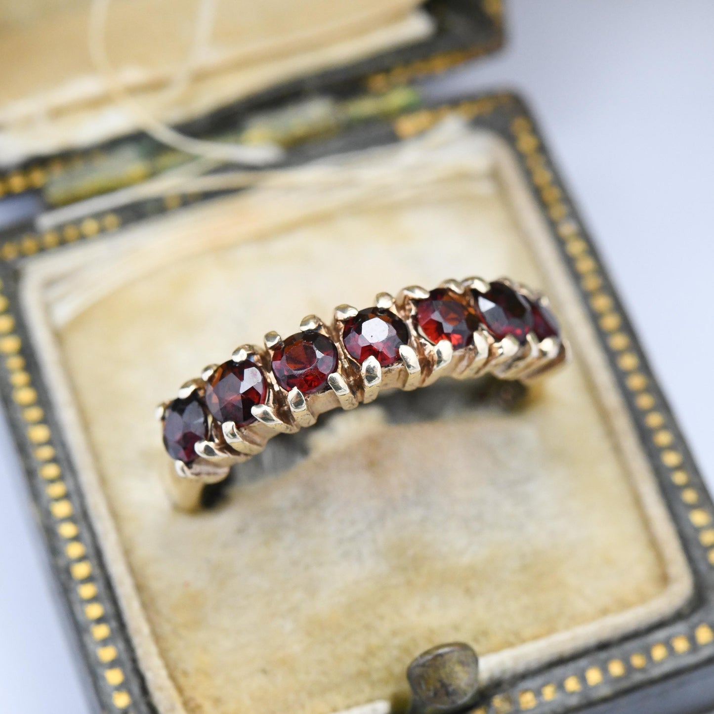 Vintage 9ct Gold Garnet Ring Seven Stones 1978 - Faceted Red Gemstone Half Eternity Band Ring | Large Stones | UK Size - L | US Size - 5 3/4