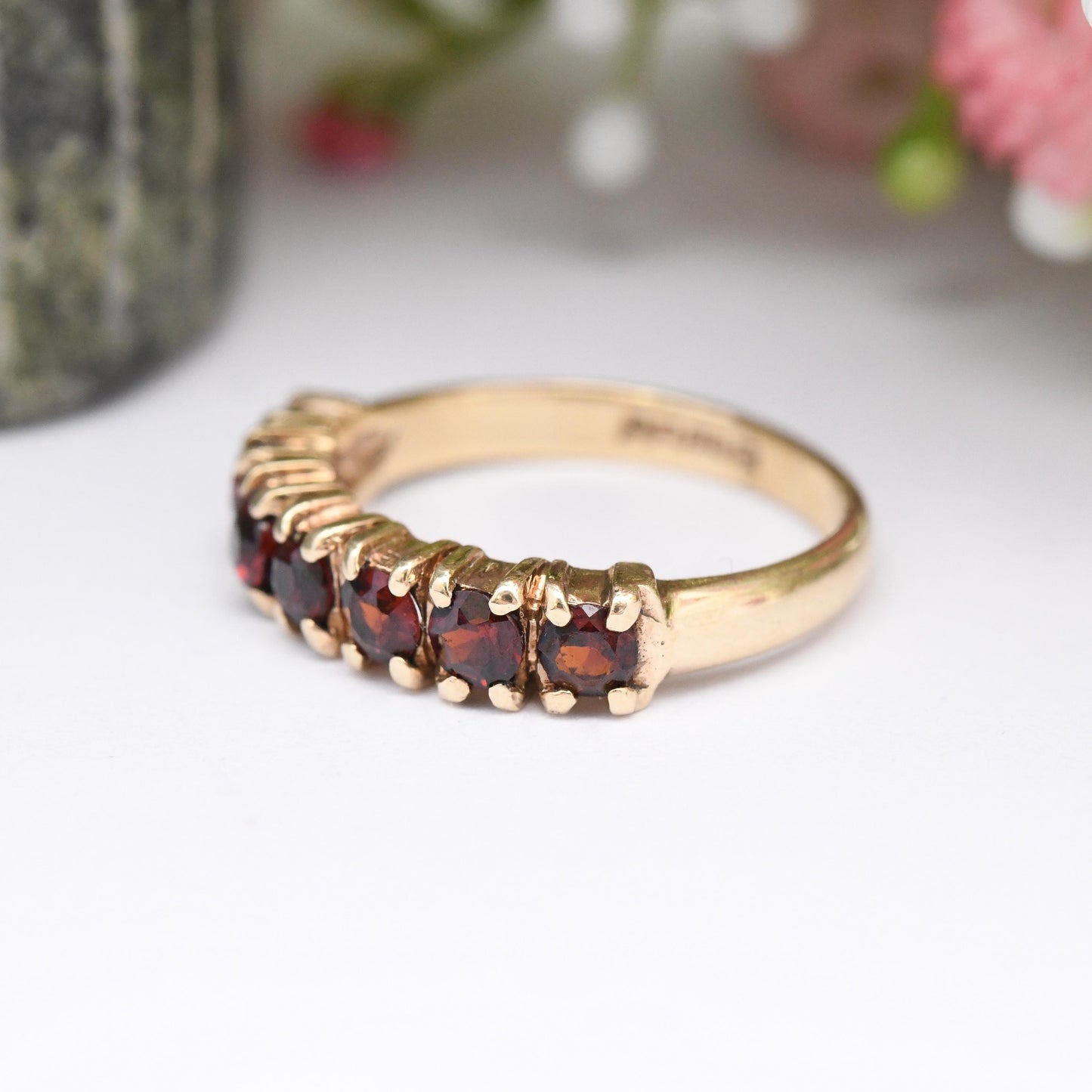 Vintage 9ct Gold Garnet Ring Seven Stones 1978 - Faceted Red Gemstone Half Eternity Band Ring | Large Stones | UK Size - L | US Size - 5 3/4