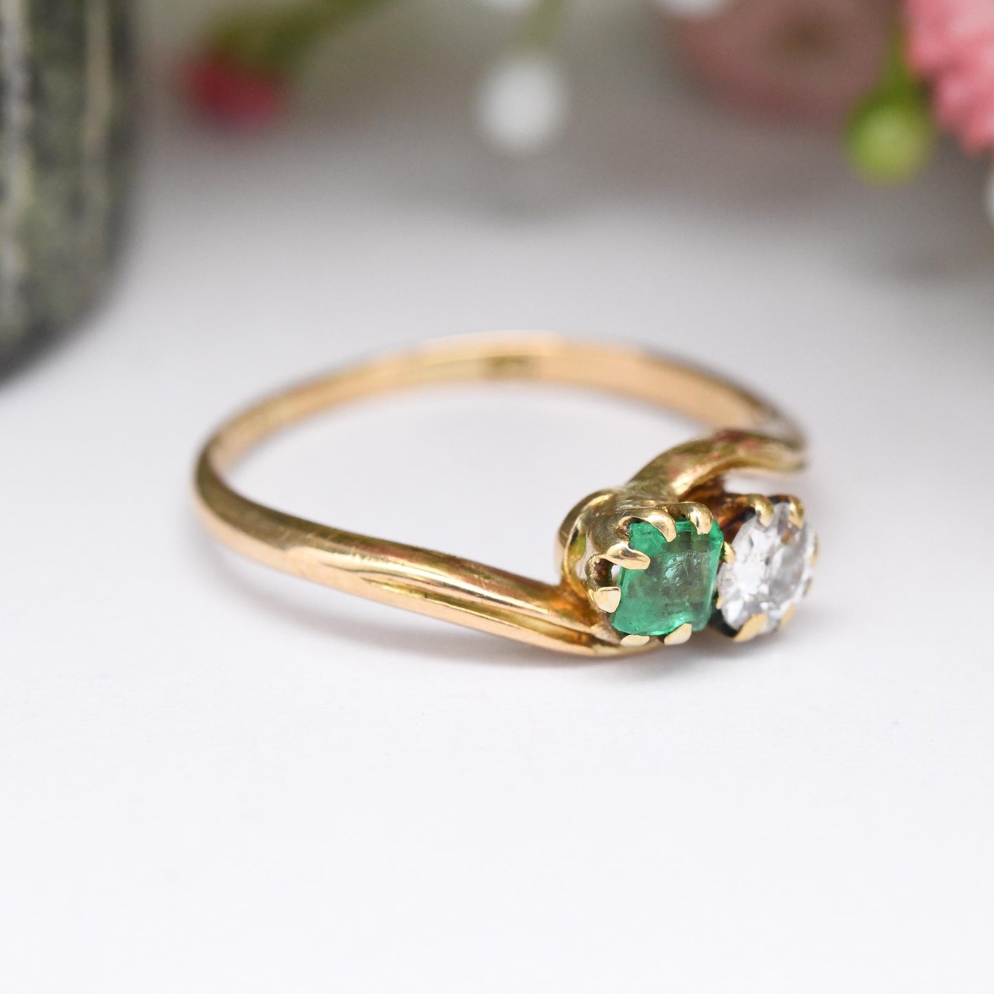 Antique 18ct Gold Diamond and Emerald Toi et Moi Ring 1900 - Edwardian Engagement Ring Two Stone Green White | UK Size M 1/2 | US Size 6 1/2