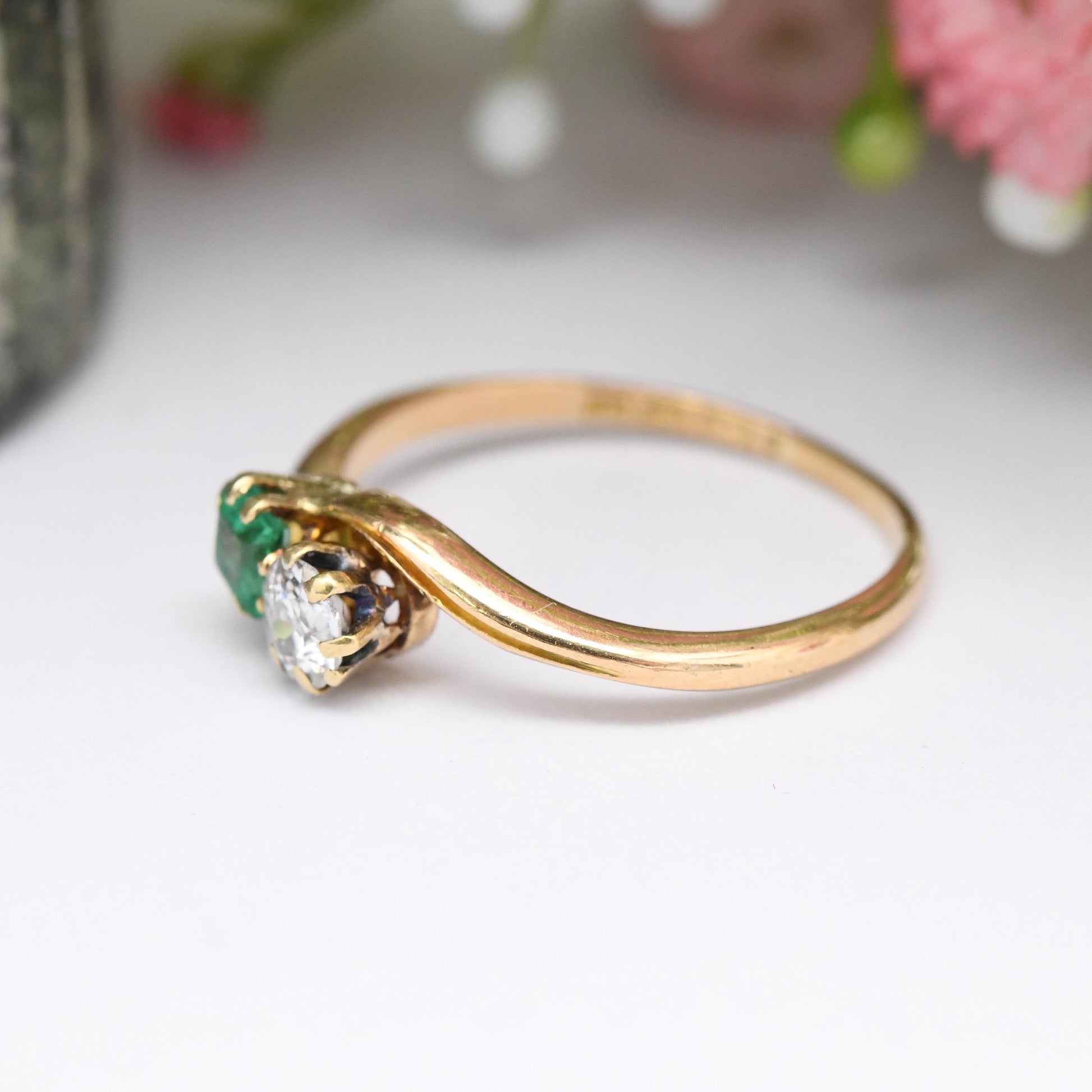 Antique 18ct Gold Diamond and Emerald Toi et Moi Ring 1900 - Edwardian Engagement Ring Two Stone Green White | UK Size M 1/2 | US Size 6 1/2