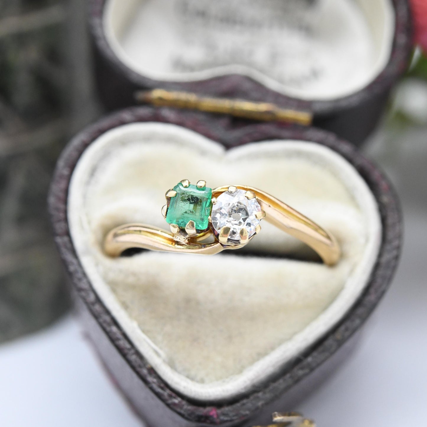 Antique 18ct Gold Diamond and Emerald Toi et Moi Ring 1900 - Edwardian Engagement Ring Two Stone Green White | UK Size M 1/2 | US Size 6 1/2