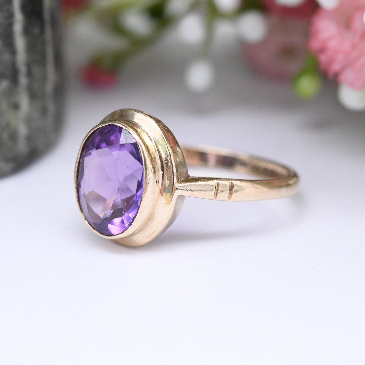 Vintage 9ct Gold Amethyst Ring 1968 - Mid-Century Large Purple Faceted Stone Solitaire | Pretty Gift for Her | UK Size M 1/2 | US Size 6 1/4