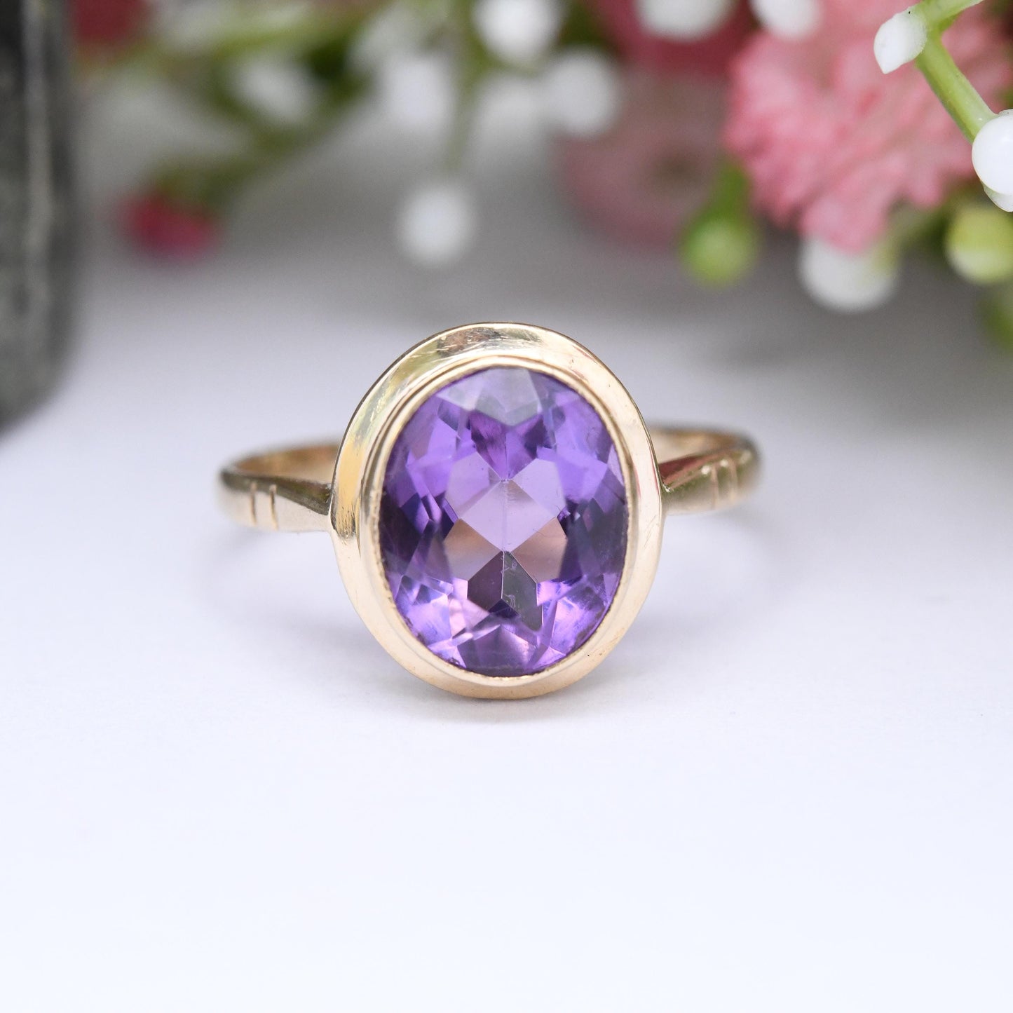 Vintage 9ct Gold Amethyst Ring 1968 - Mid-Century Large Purple Faceted Stone Solitaire | Pretty Gift for Her | UK Size M 1/2 | US Size 6 1/4