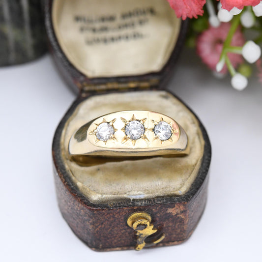 Vintage 9ct Gold CZ Gypsy Ring Star Design - Unisex Three Stone Ring | Gift for Him | Large Size | UK Size - Y 1/2 | US Size - 12 1/4