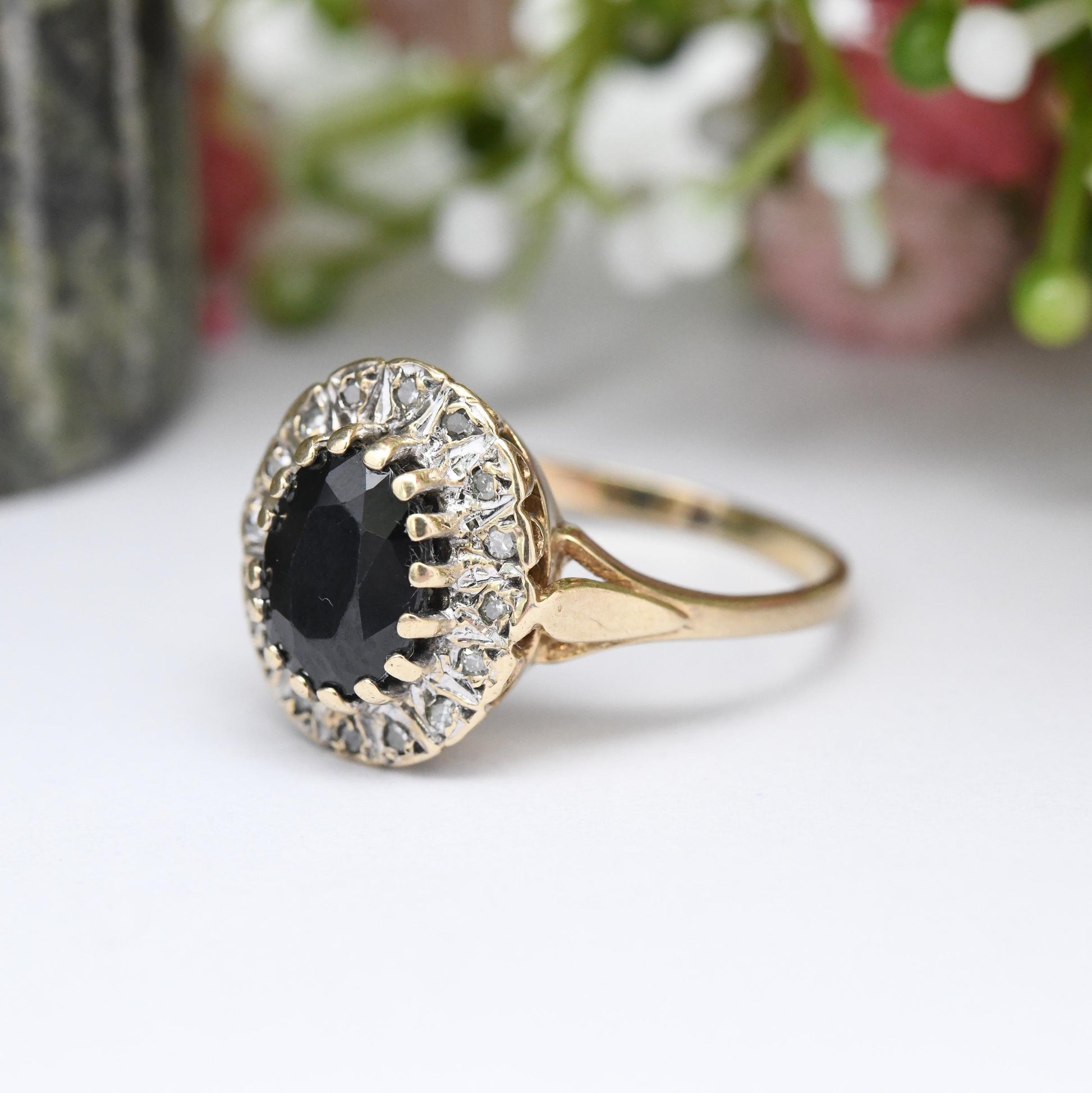 Vintage 9ct Gold Sapphire and Diamond Halo Ring 1994 - Vintage Cocktail Statement Ring | Gift for Her | UK Size - O | US Size - 7 1/4