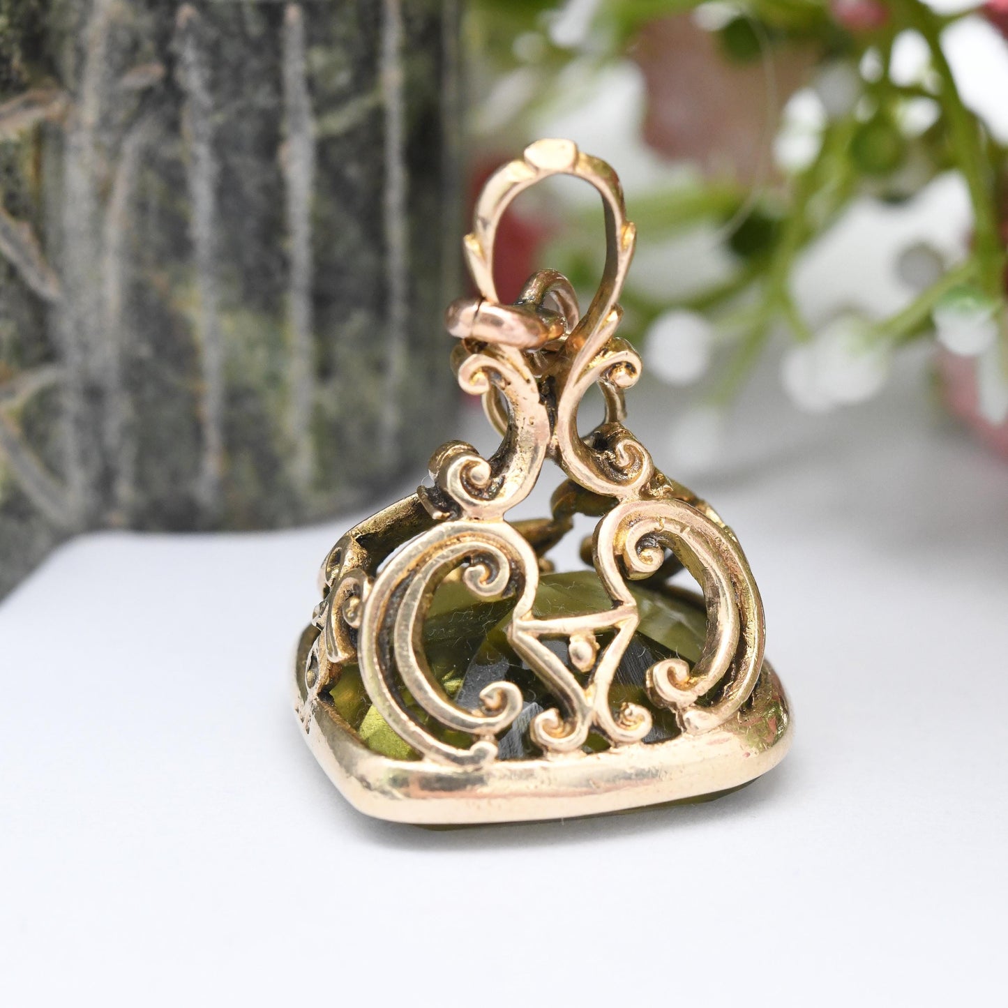 Antique 9ct Gold Citrine Fob - Gemstone Watch Fob Pendant | Victorian Edwardian Era Gold Jewellery | Ornate Mount