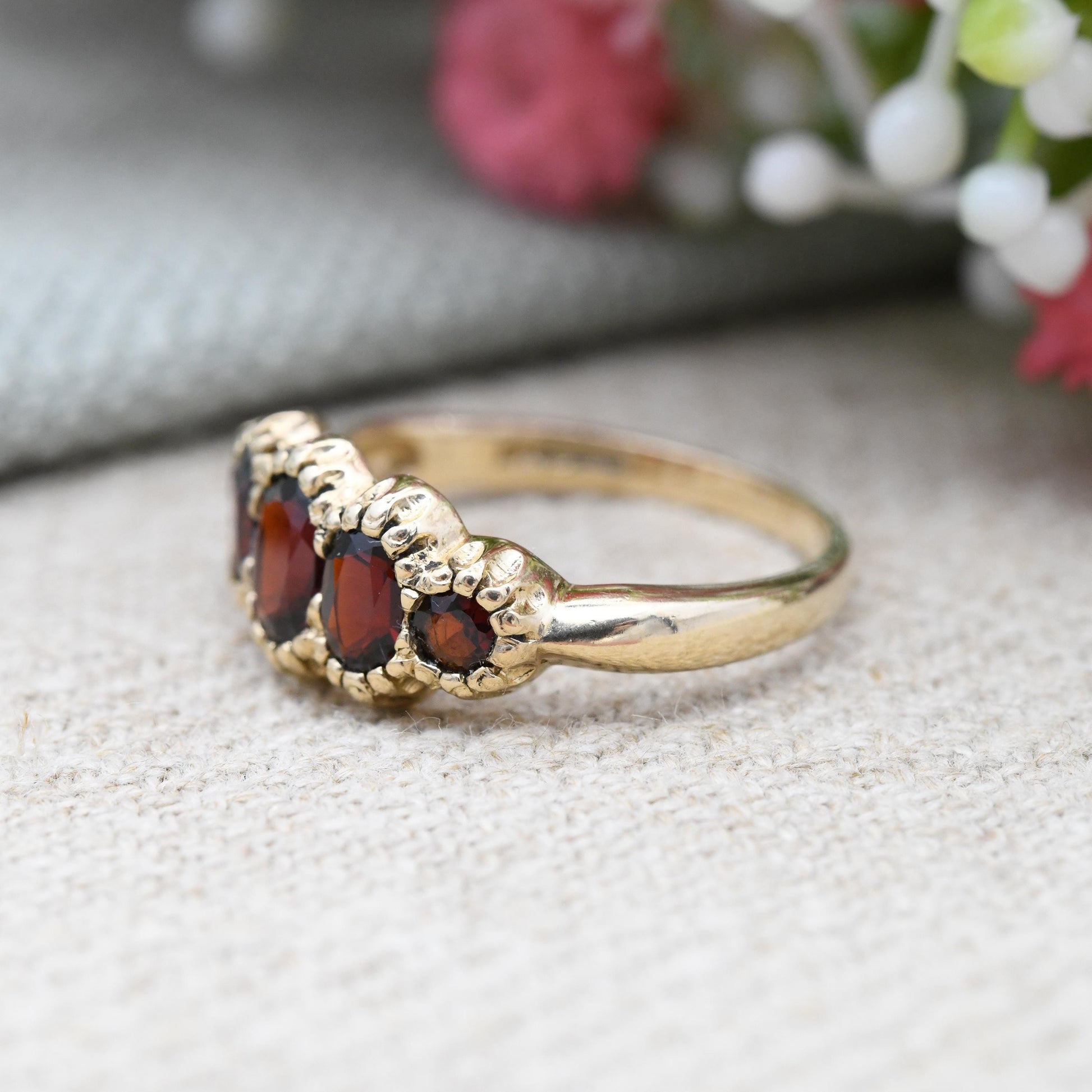 Vintage 9ct Gold Garnet Ring Five Stones - Red Gemstone Half Eternity Band Ring | Antique Revival | UK Size - N | US Size - 6 3/4