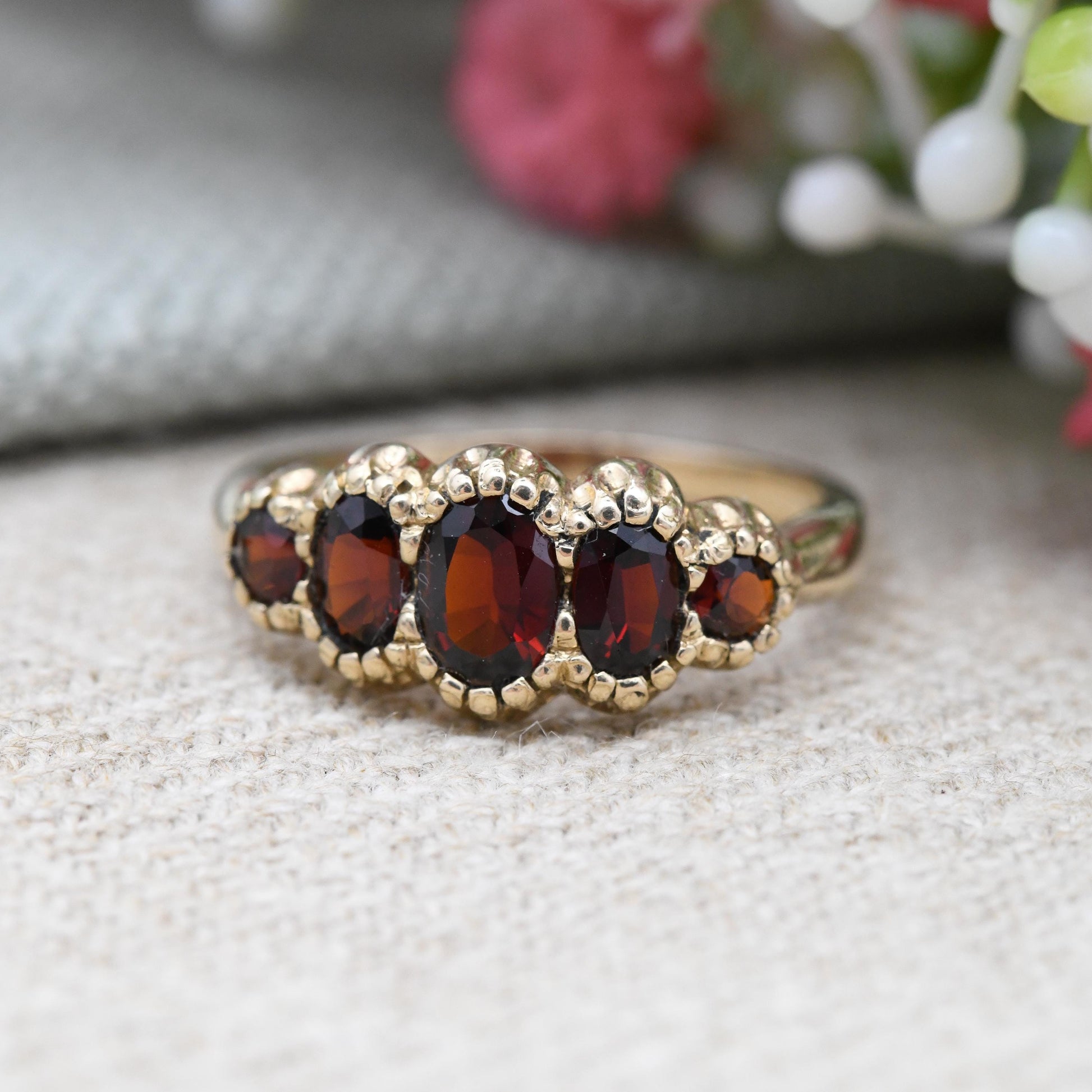 Vintage 9ct Gold Garnet Ring Five Stones - Red Gemstone Half Eternity Band Ring | Antique Revival | UK Size - N | US Size - 6 3/4