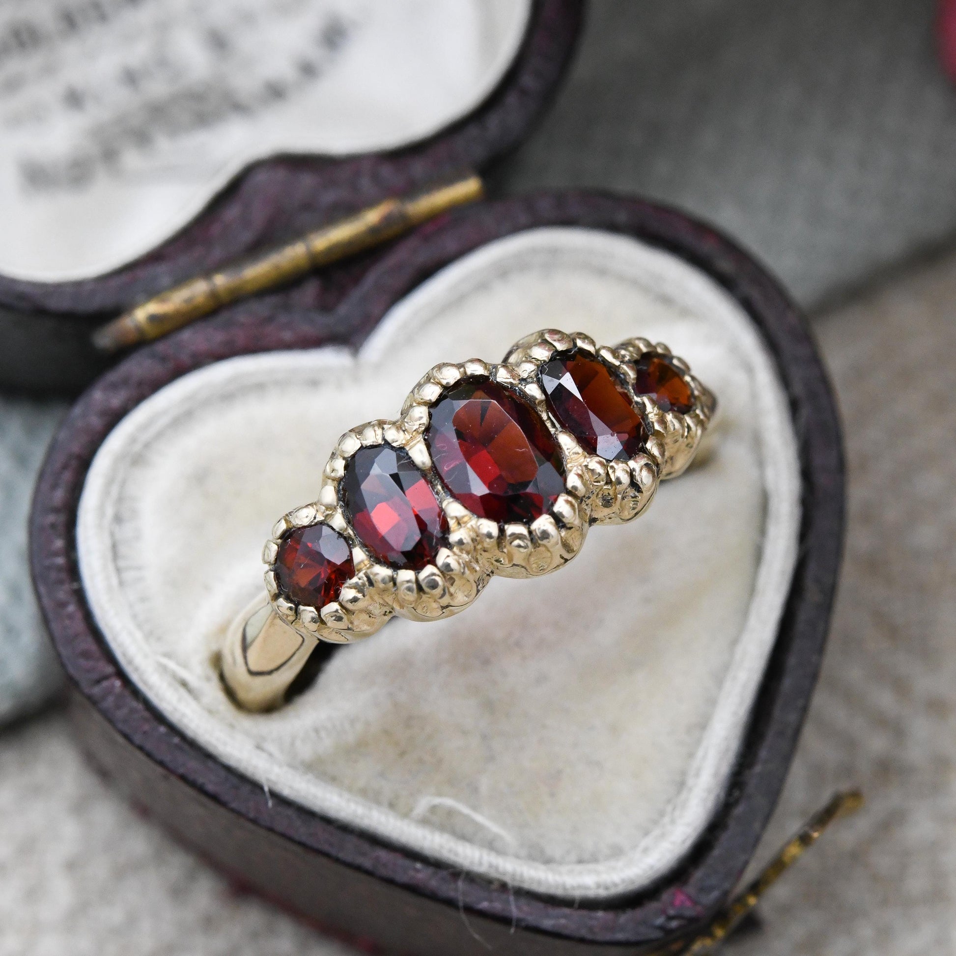 Vintage 9ct Gold Garnet Ring Five Stones - Red Gemstone Half Eternity Band Ring | Antique Revival | UK Size - N | US Size - 6 3/4