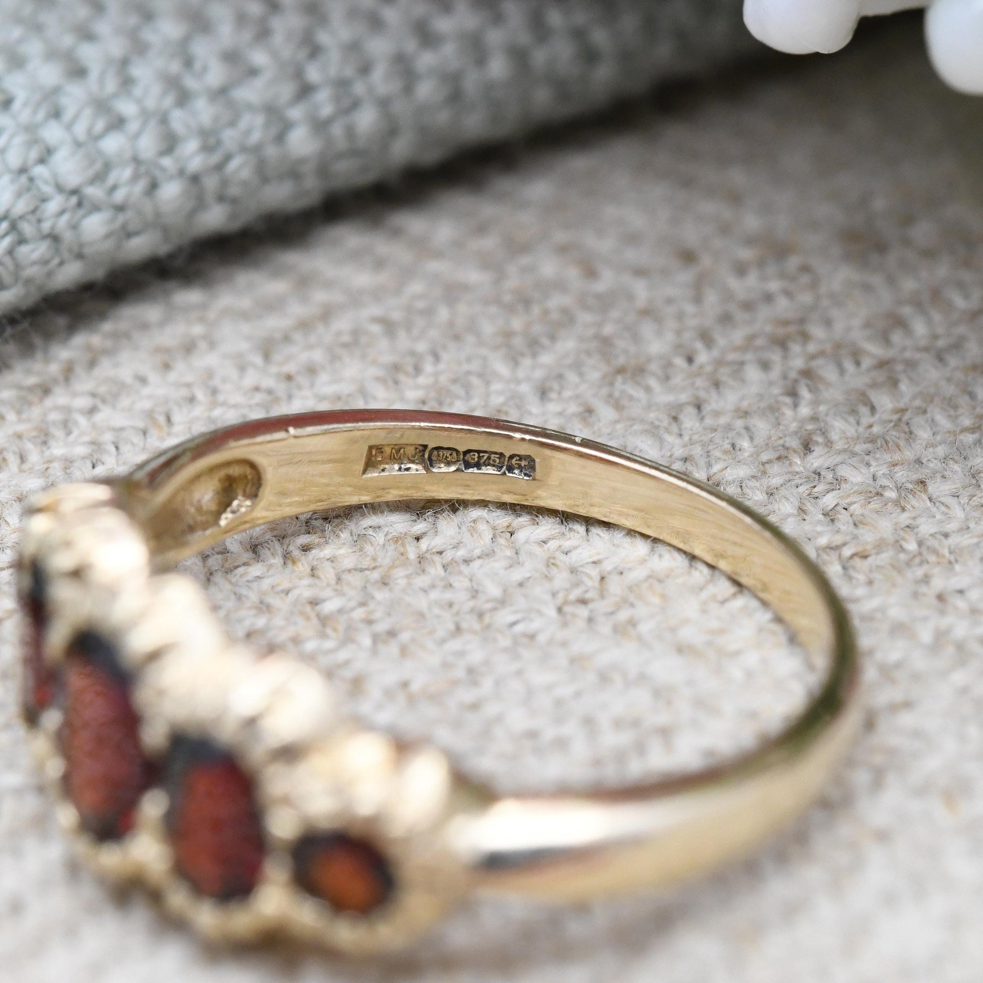 Vintage 9ct Gold Garnet Ring Five Stones - Red Gemstone Half Eternity Band Ring | Antique Revival | UK Size - N | US Size - 6 3/4