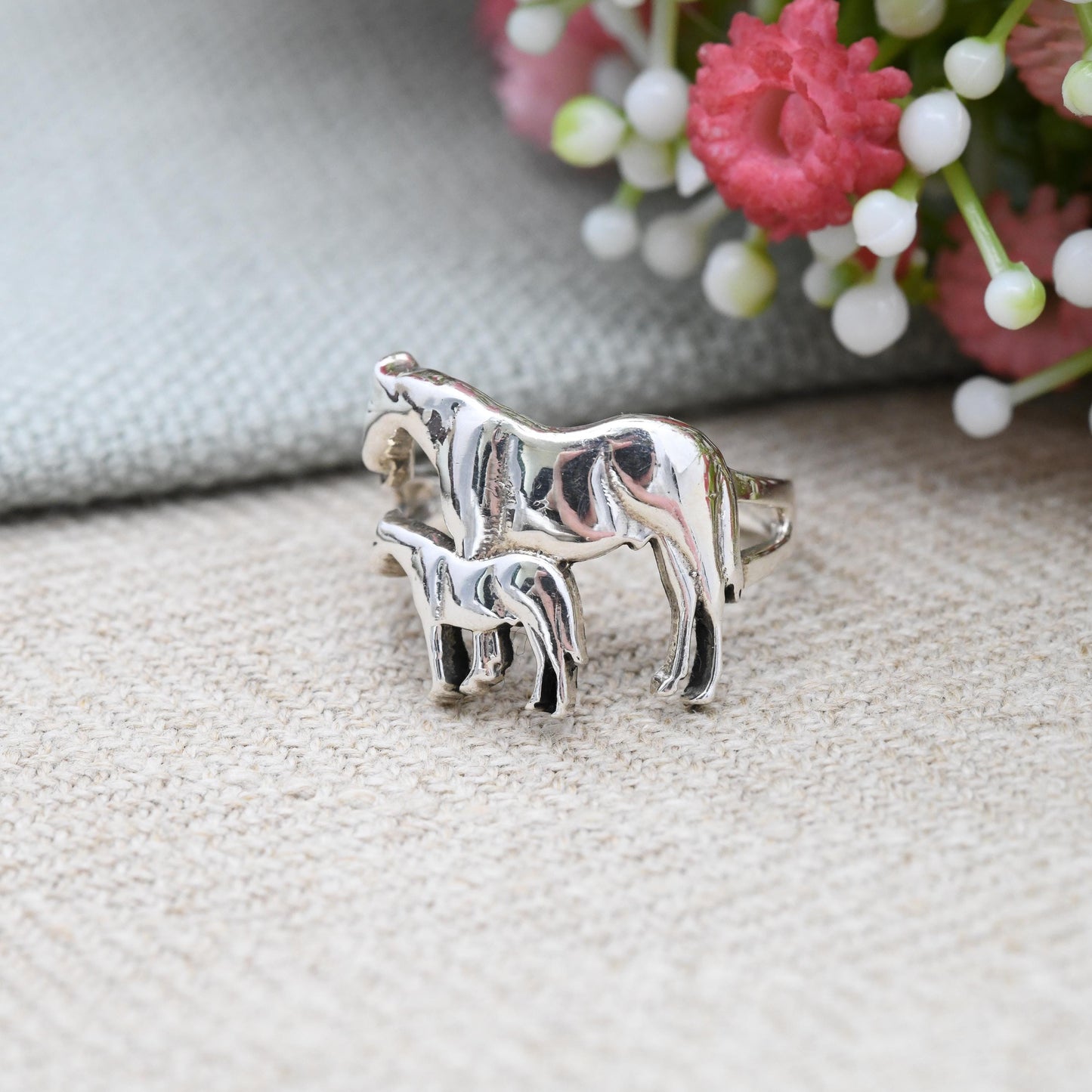 Vintage Sterling Silver Horse and Foal Ring - Sculptural Animal Jewellery Gift for Nature Lover Horse Riding | UK Size - N | US Size - 6 3/4