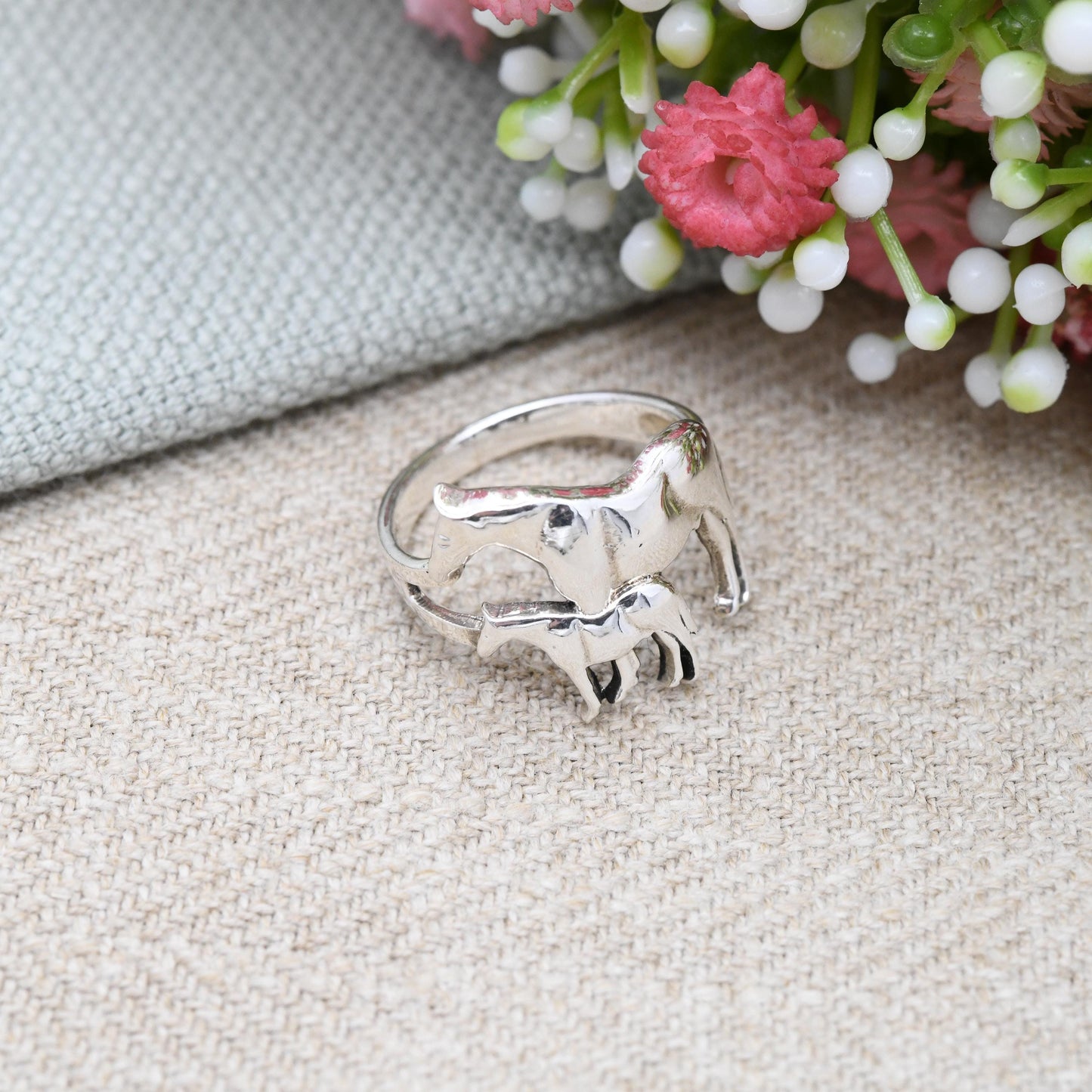 Vintage Sterling Silver Horse and Foal Ring - Sculptural Animal Jewellery Gift for Nature Lover Horse Riding | UK Size - N | US Size - 6 3/4