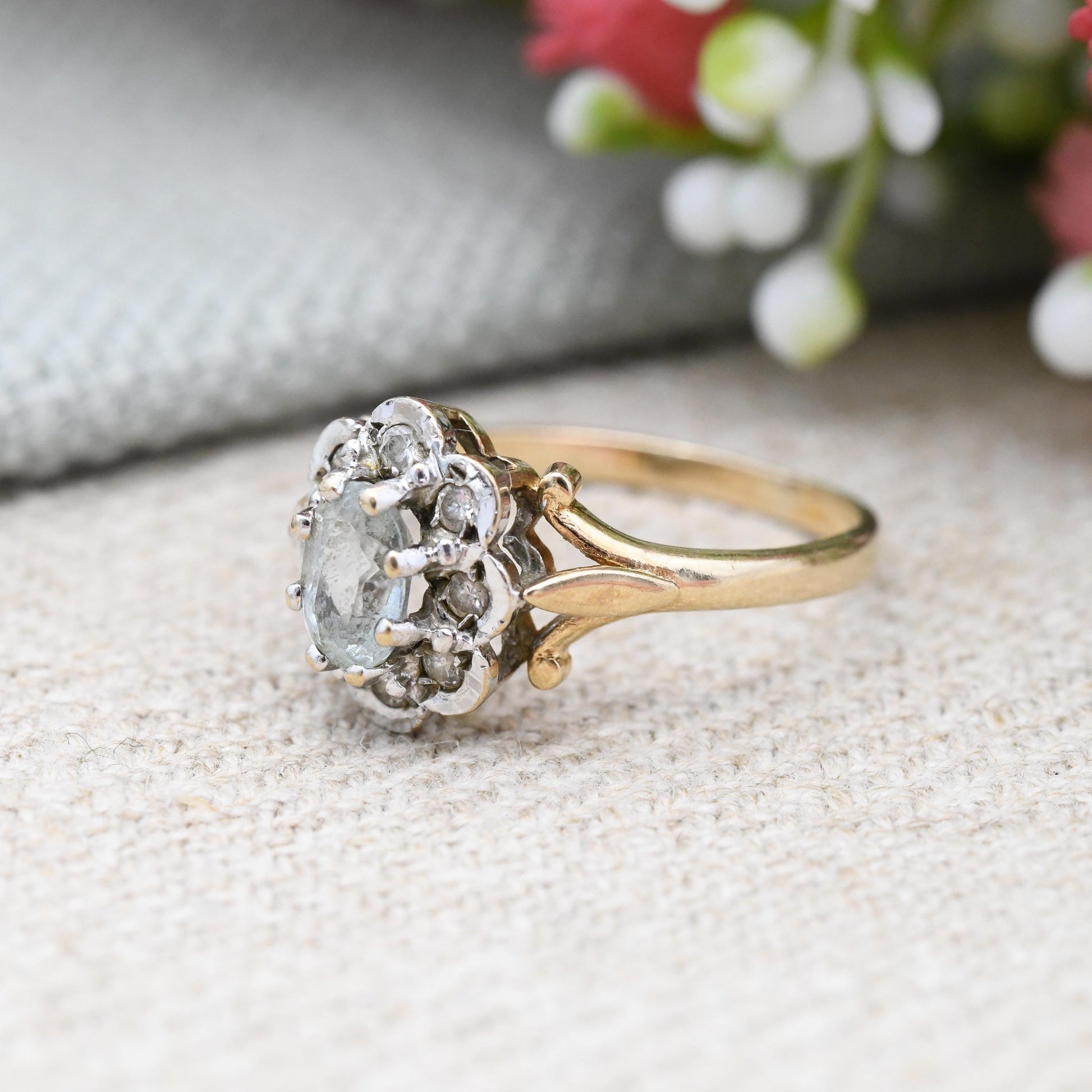 Vintage 9ct Gold Blue Gemstone Flower Cluster Ring - Statement Engagement | Floral Halo Ring | Small Size | UK Size - J 1/2 | US Size - 5