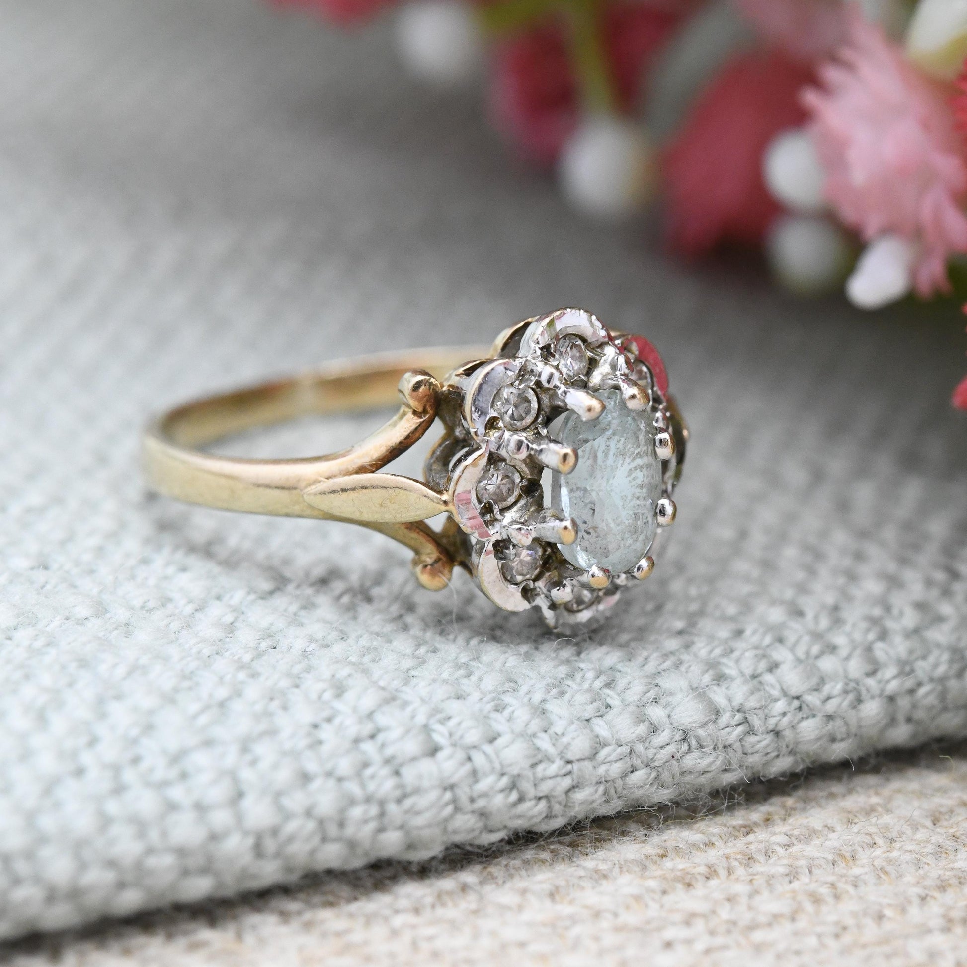 Vintage 9ct Gold Blue Gemstone Flower Cluster Ring - Statement Engagement | Floral Halo Ring | Small Size | UK Size - J 1/2 | US Size - 5