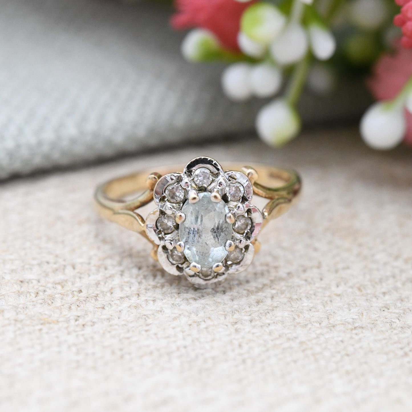 Vintage 9ct Gold Blue Gemstone Flower Cluster Ring - Statement Engagement | Floral Halo Ring | Small Size | UK Size - J 1/2 | US Size - 5