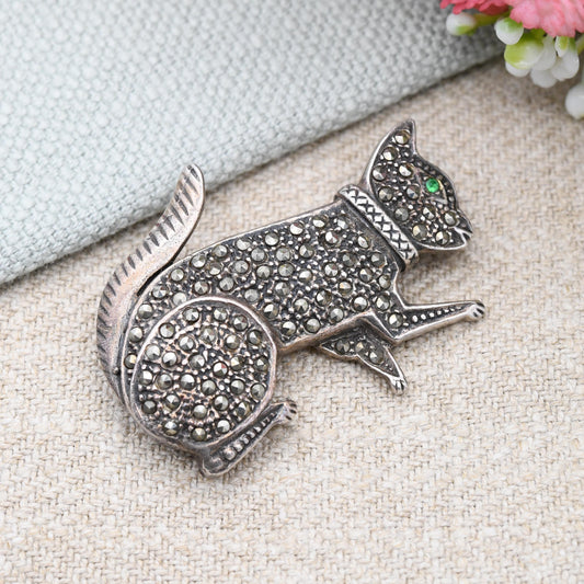 Vintage Sterling Silver Marcasite Cat Brooch 1988 with Green Eye - Sparkly Statement Mid-Century Figural Animal Jewellery Nature Lover Gift