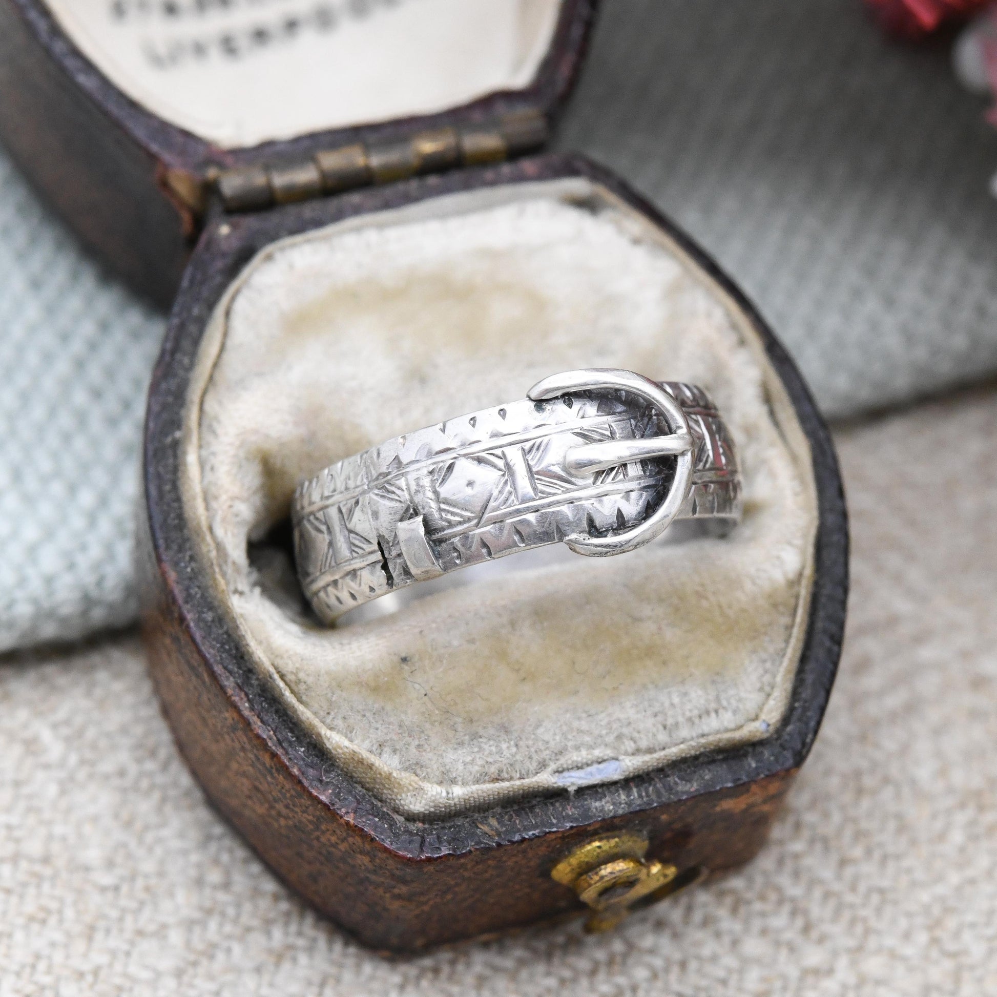 Antique Sterling Silver Buckle Ring 1887 - Victorian Band Unisex Belt Ring | Ornate Engraving Hand Engraved | UK Size - N | US Size - 6 3/4