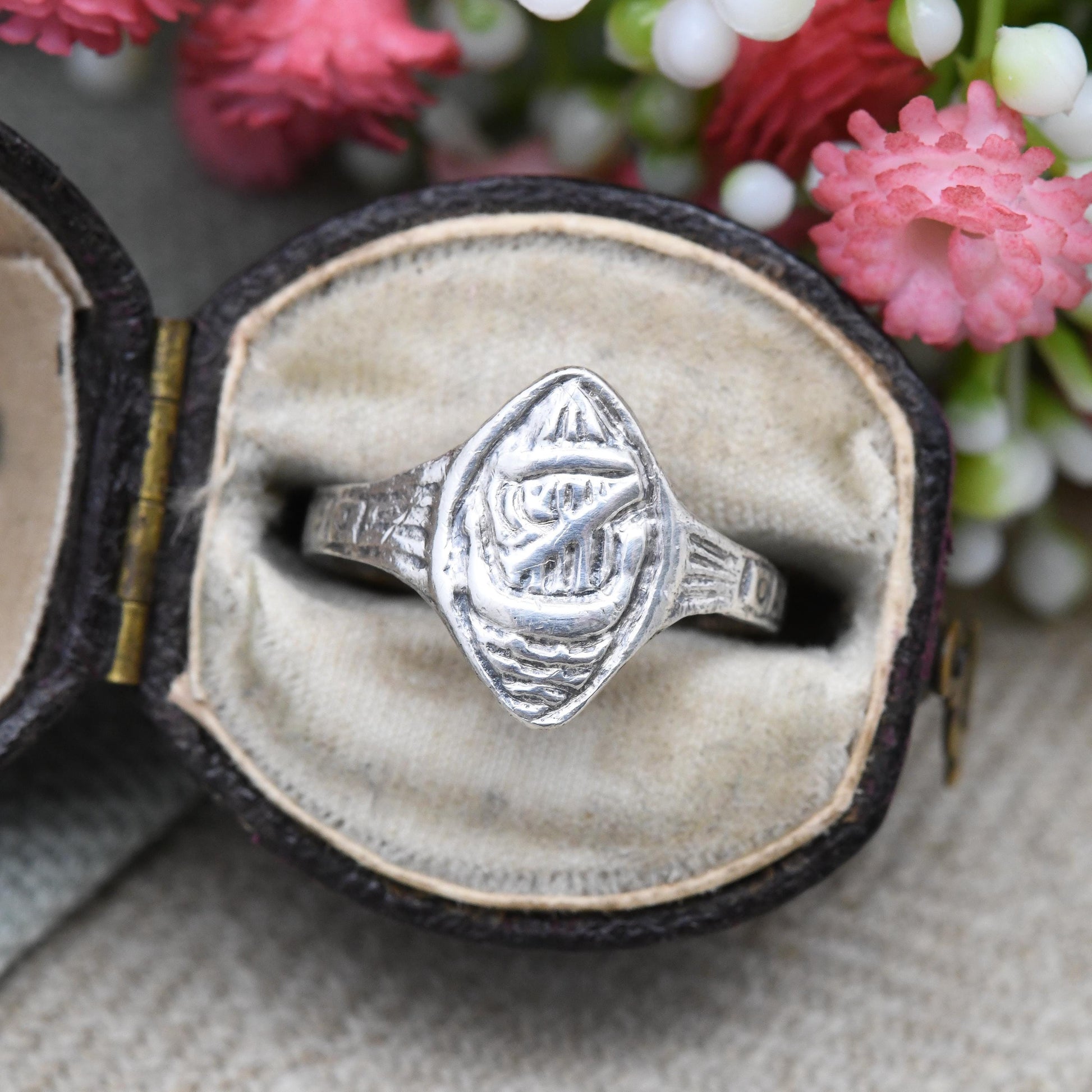 Vintage Sterling Silver Viking Ship Ring - French Kelt Celtic Breton Style Design | Marquise Shape Cameo | UK Size - M | US Size - 6 1/4