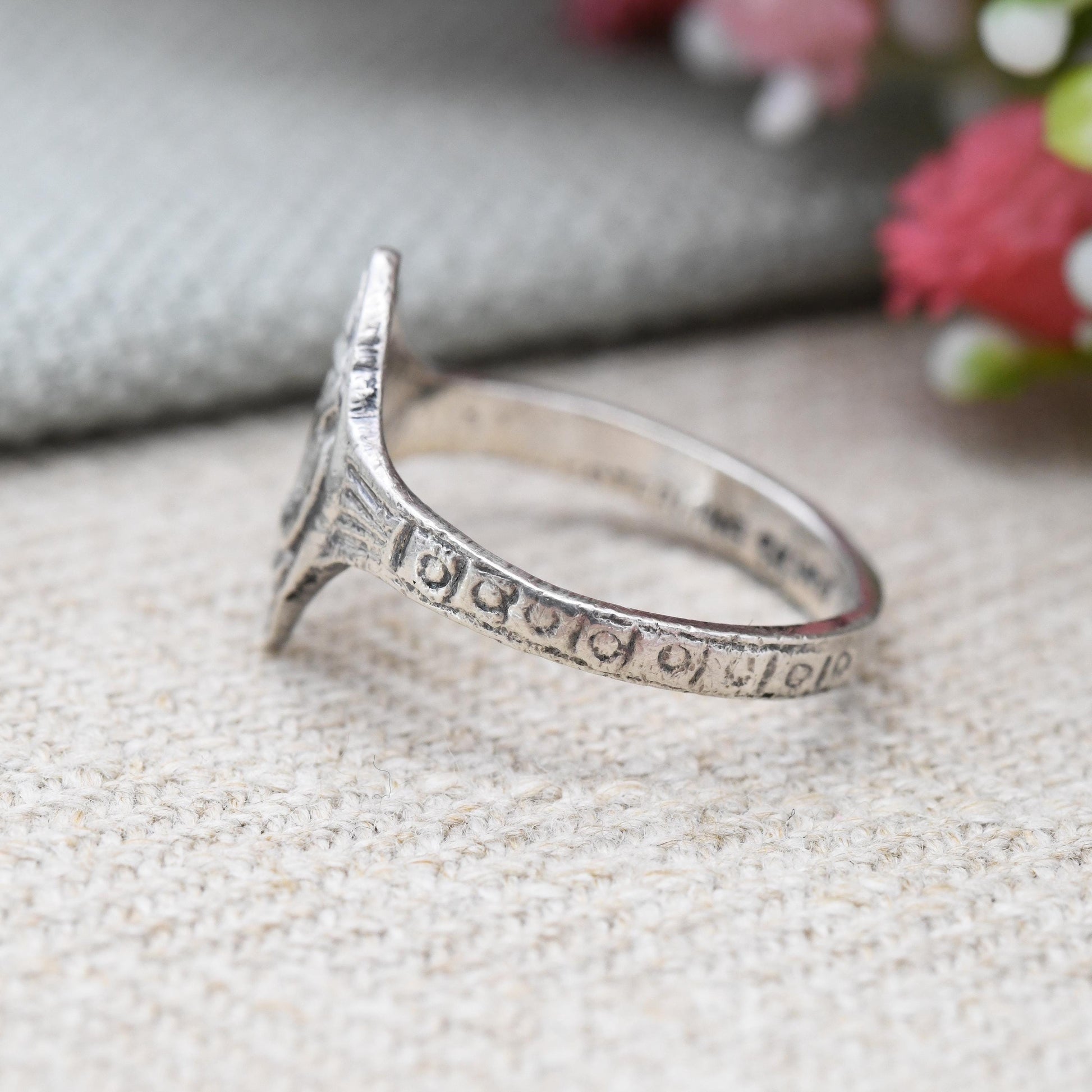 Vintage Sterling Silver Viking Ship Ring - French Kelt Celtic Breton Style Design | Marquise Shape Cameo | UK Size - M | US Size - 6 1/4