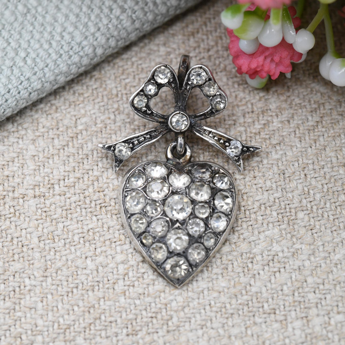 Antique Silver Paste Heart Pendant with Bow Bale c.1900 Victorian Edwardian Sentimental Jewellery - Articulated Drop Charm Romantic Gift