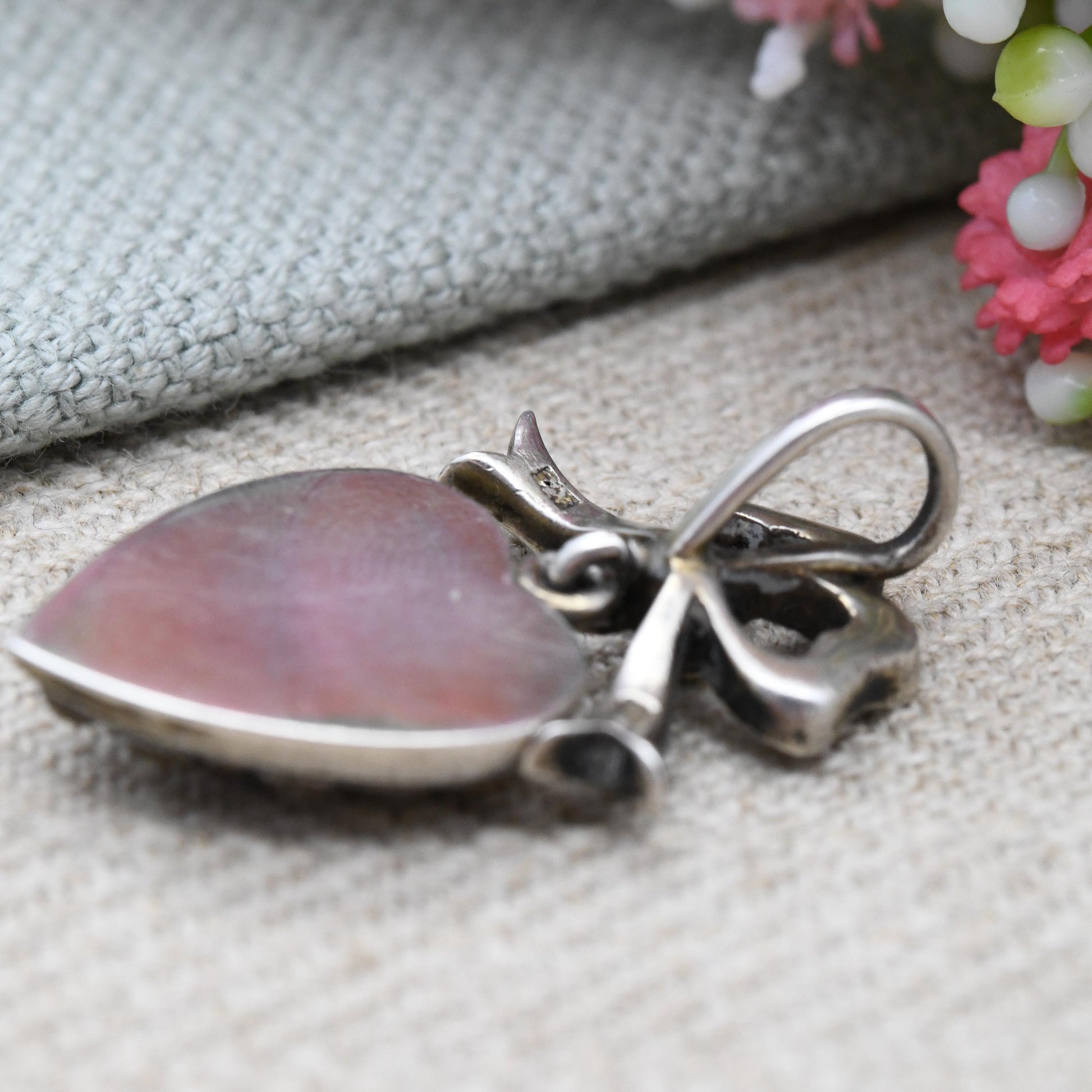 Antique Silver Paste Heart Pendant with Bow Bale c.1900 Victorian Edwardian Sentimental Jewellery - Articulated Drop Charm Romantic Gift