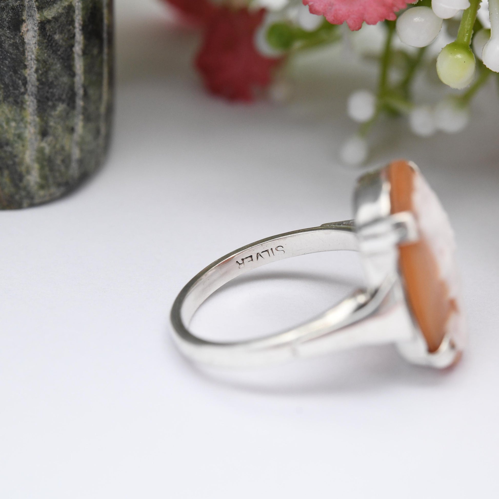 Vintage Sterling Silver Cameo Ring - Mid-Century Carved Shell Cameo | Classical Woman's Profile | UK Size - M 1/2 | US Size - 6 1/4