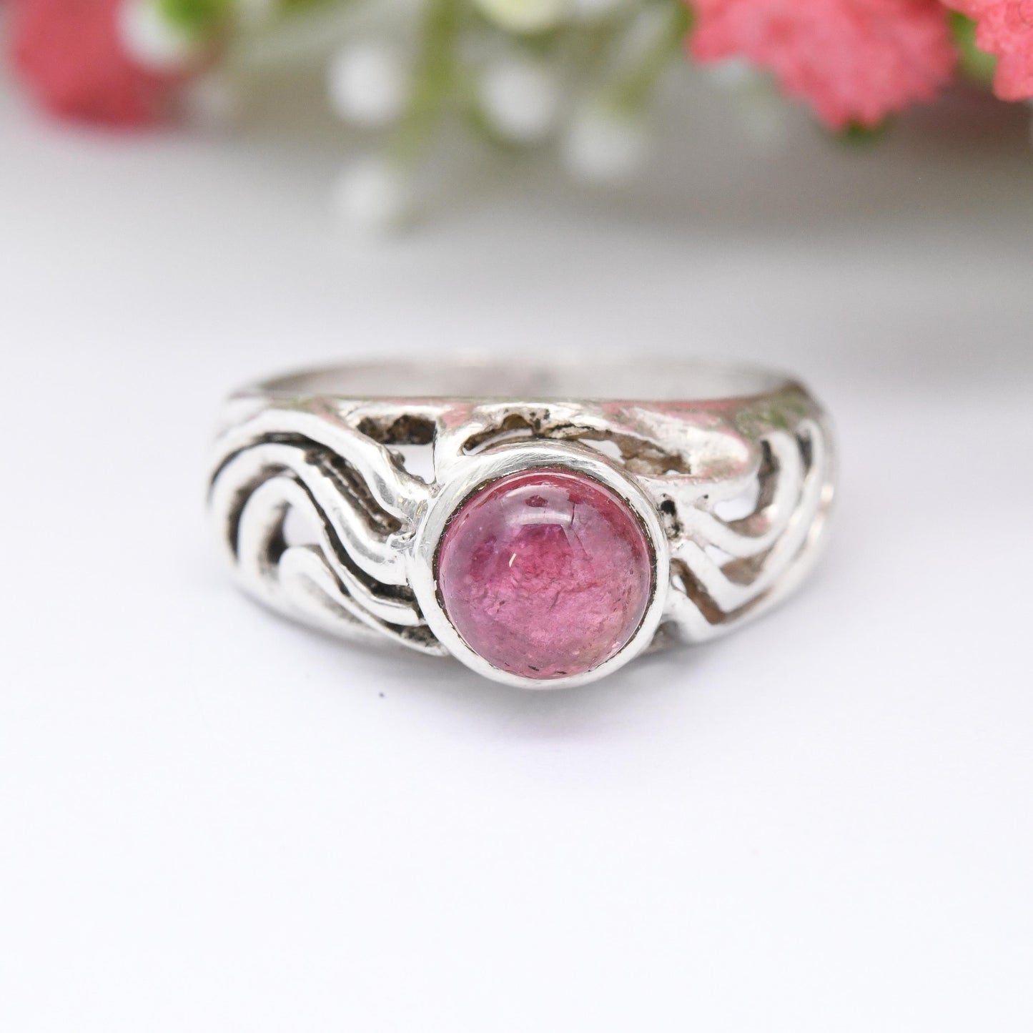 Vintage Silver Pink Stone Ring - Chunky Openwork Swirling Pattern | Chunky Cabochon Pink Stone Solitaire | UK Size - Q | US Size - 8