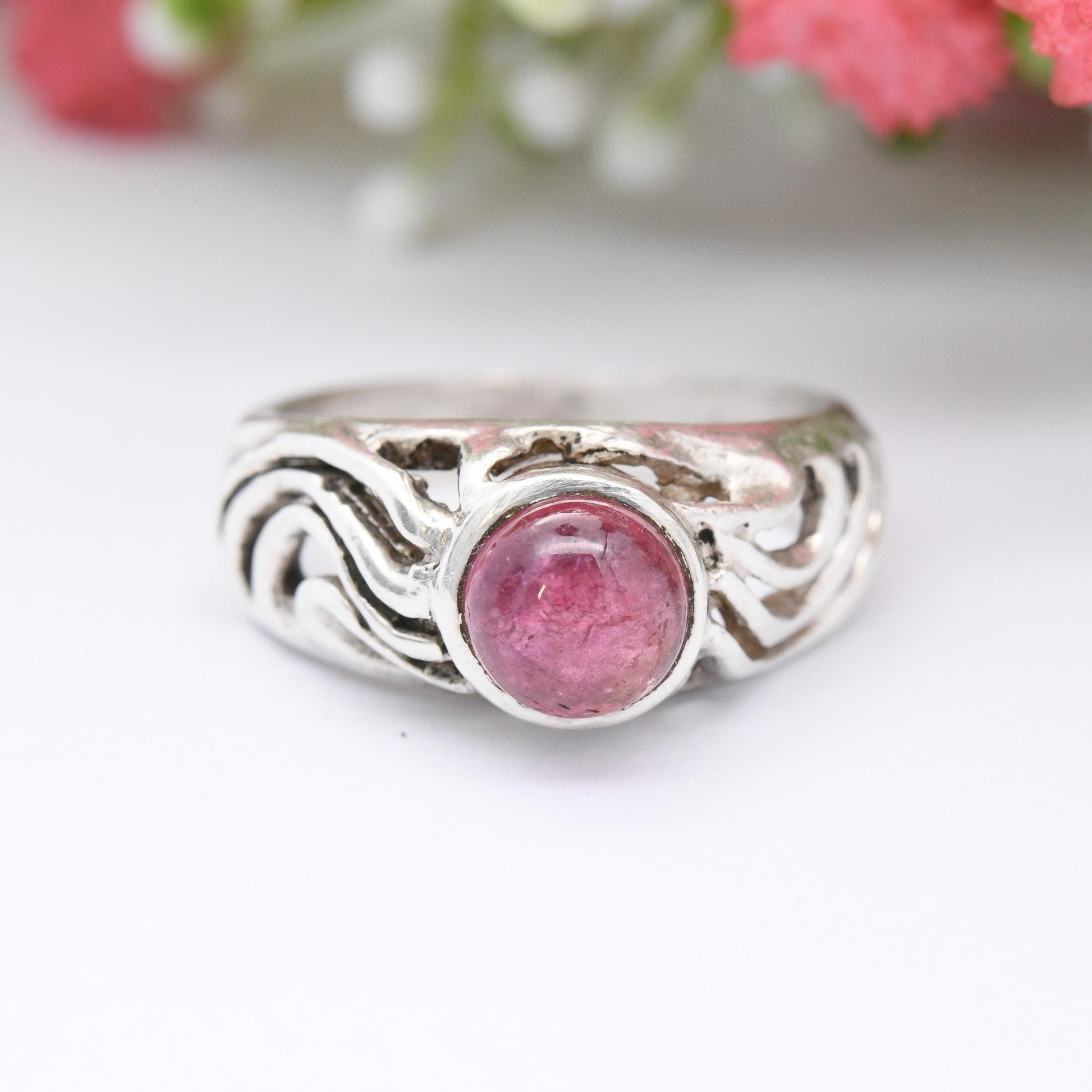 Vintage Silver Pink Stone Ring - Chunky Openwork Swirling Pattern | Chunky Cabochon Pink Stone Solitaire | UK Size - Q | US Size - 8