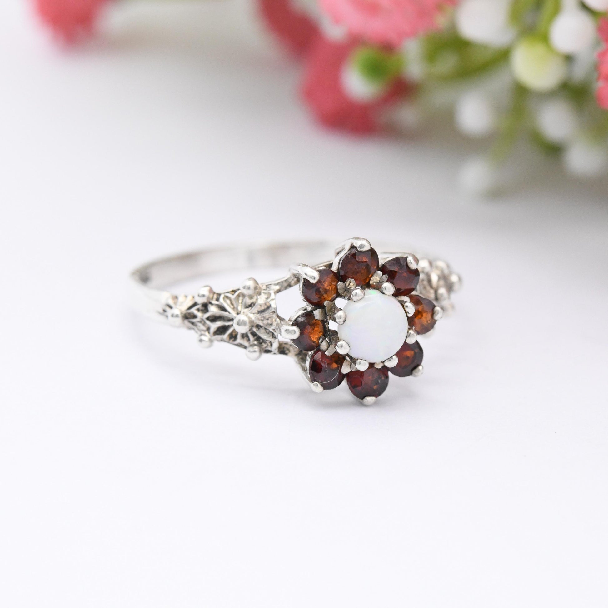 Vintage Sterling Silver Opal Garnet Flower Cluster Ring 1979 - Large Statement Cocktail Ring Pretty Gift | UK Size - W | US Size - 11