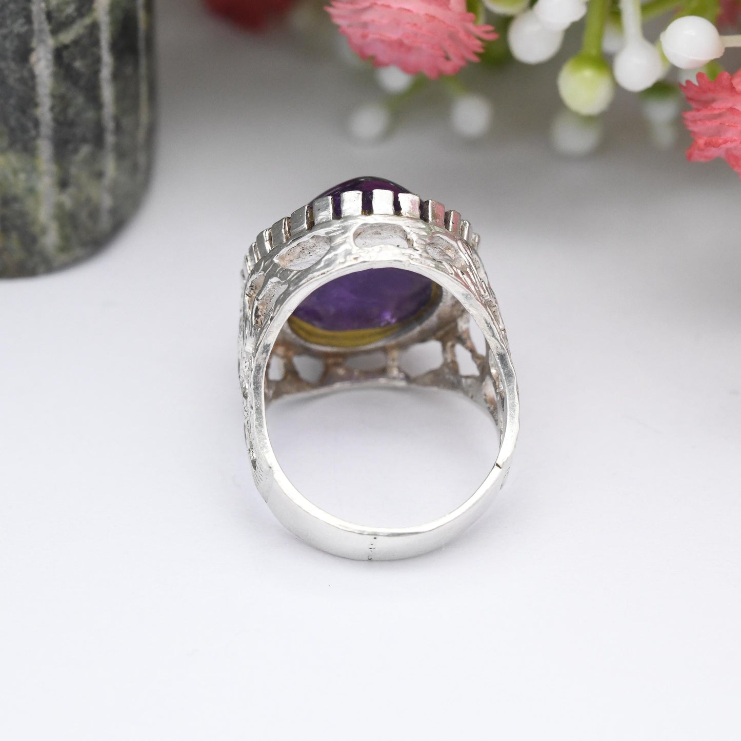 Vintage Mid-Century Sterling Silver Amethyst Ring 1977 - Cabochon Large Purple Stone Brutalist Crater | UK Size - G 1/2 | US Size - 3 1/2