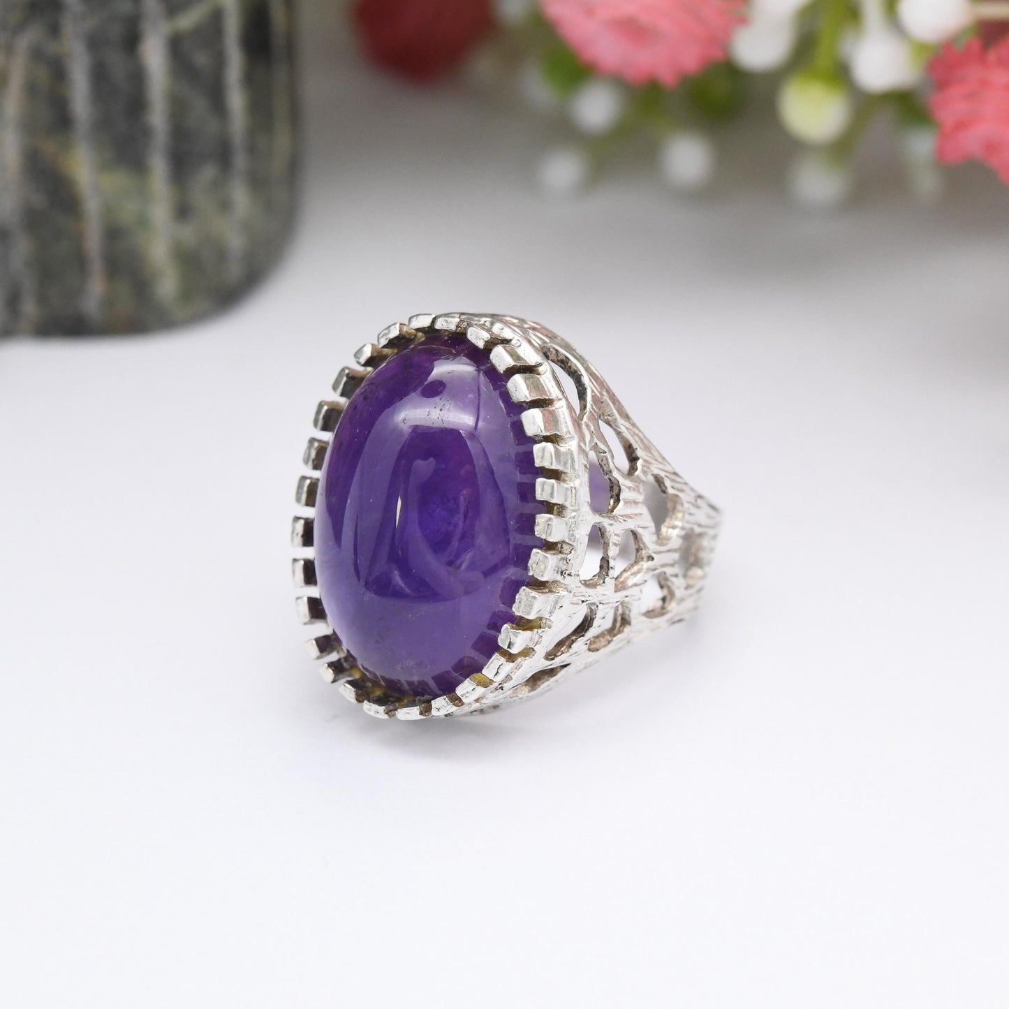 Vintage Mid-Century Sterling Silver Amethyst Ring 1977 - Cabochon Large Purple Stone Brutalist Crater | UK Size - G 1/2 | US Size - 3 1/2