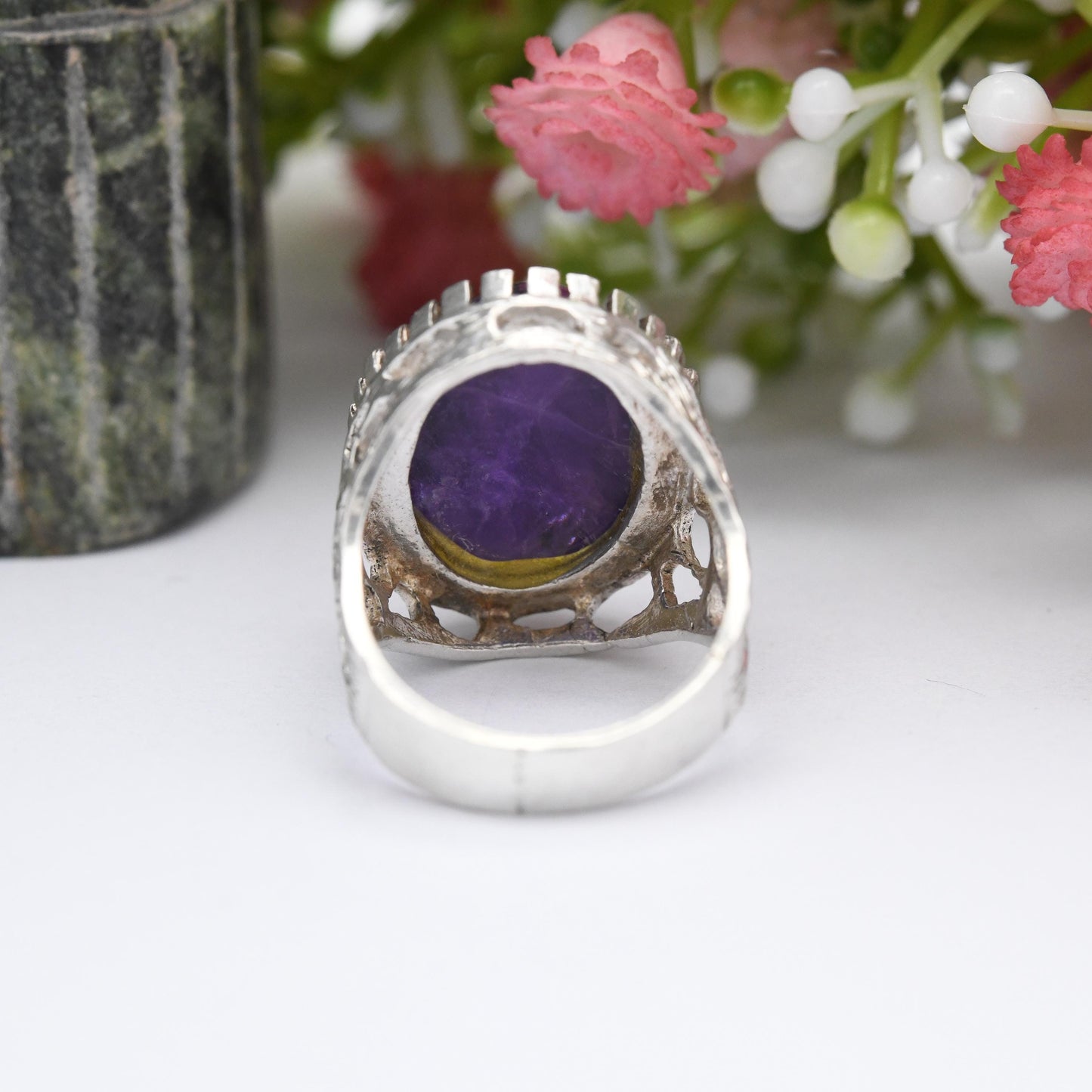 Vintage Mid-Century Sterling Silver Amethyst Ring 1977 - Cabochon Large Purple Stone Brutalist Crater | UK Size - G 1/2 | US Size - 3 1/2