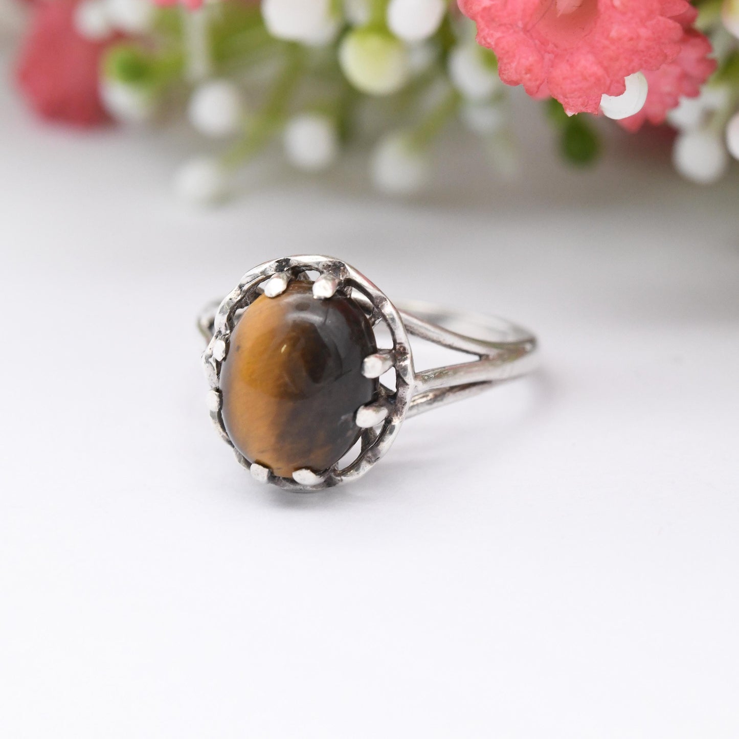 Vintage Sterling Silver Tiger's Eye Ring - Mid-Century Modern | Prong Set Brown Gemstone Oval Cabochon | UK Size - L | US Size - 5 3/4