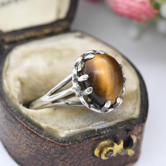 Vintage Sterling Silver Tiger's Eye Ring - Mid-Century Modern | Prong Set Brown Gemstone Oval Cabochon | UK Size - L | US Size - 5 3/4