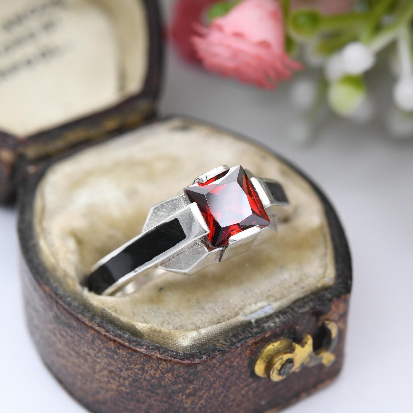 Vintage Sterling Silver Garnet Enamel Ring - Unusual Red Stone Square Solitaire with Black Enamel Band | UK Size - O 1/2 | US Size - 7 1/2