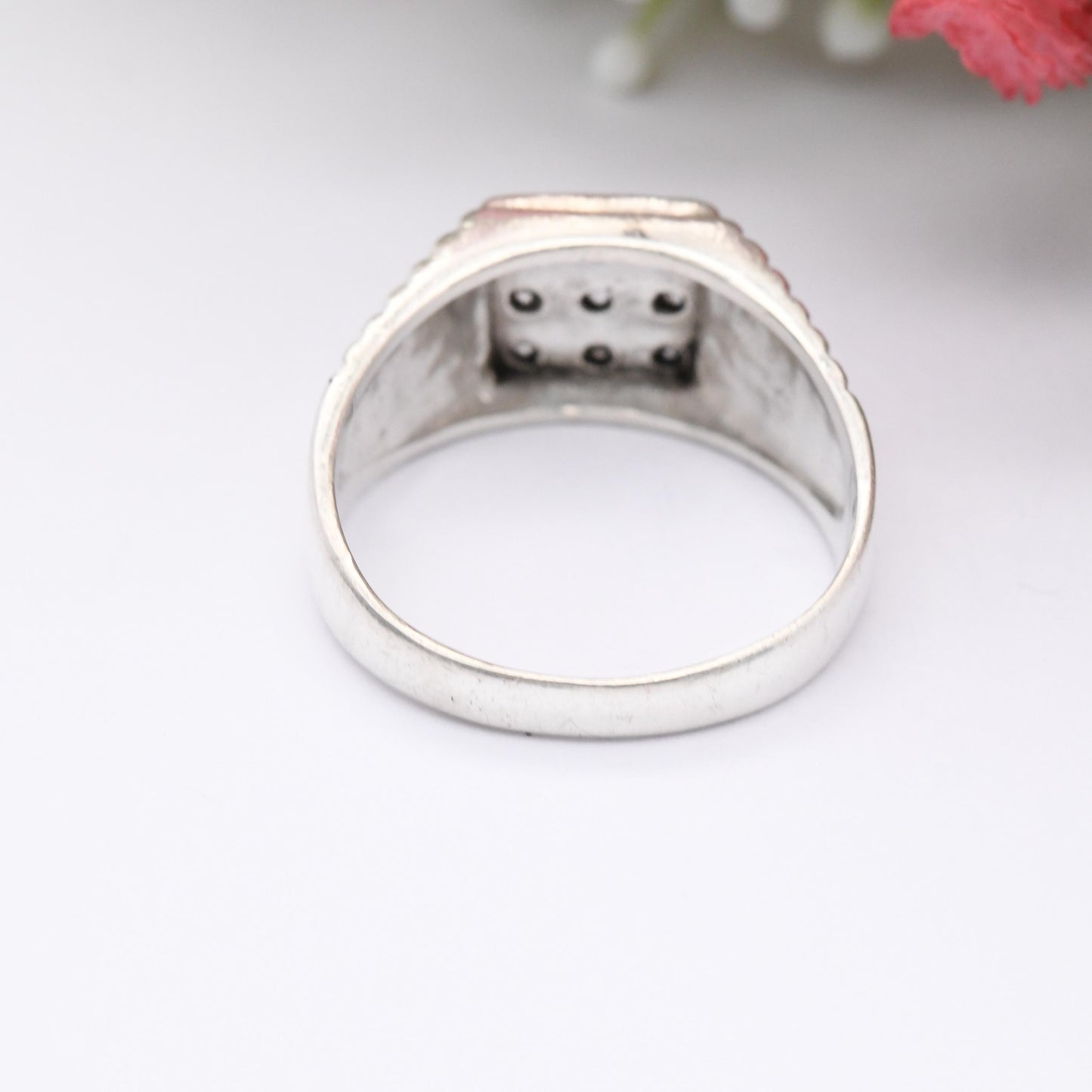 Vintage Sterling Silver Signet Ring with CZ Stones - Large Middle Finger Ring | Chunky Unisex Gift for Him | UK Size - Y | US Size - 12