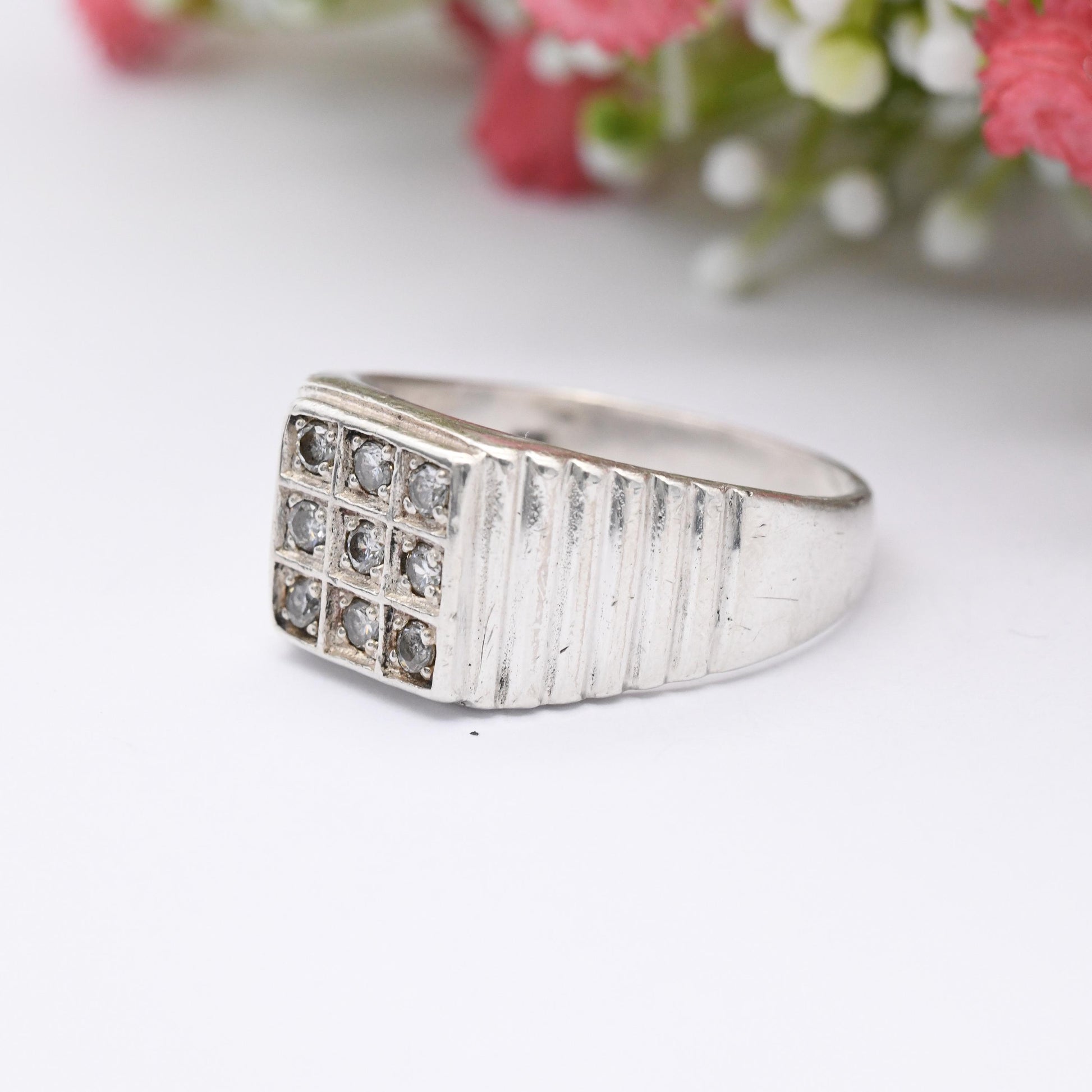 Vintage Sterling Silver Signet Ring with CZ Stones - Large Middle Finger Ring | Chunky Unisex Gift for Him | UK Size - Y | US Size - 12