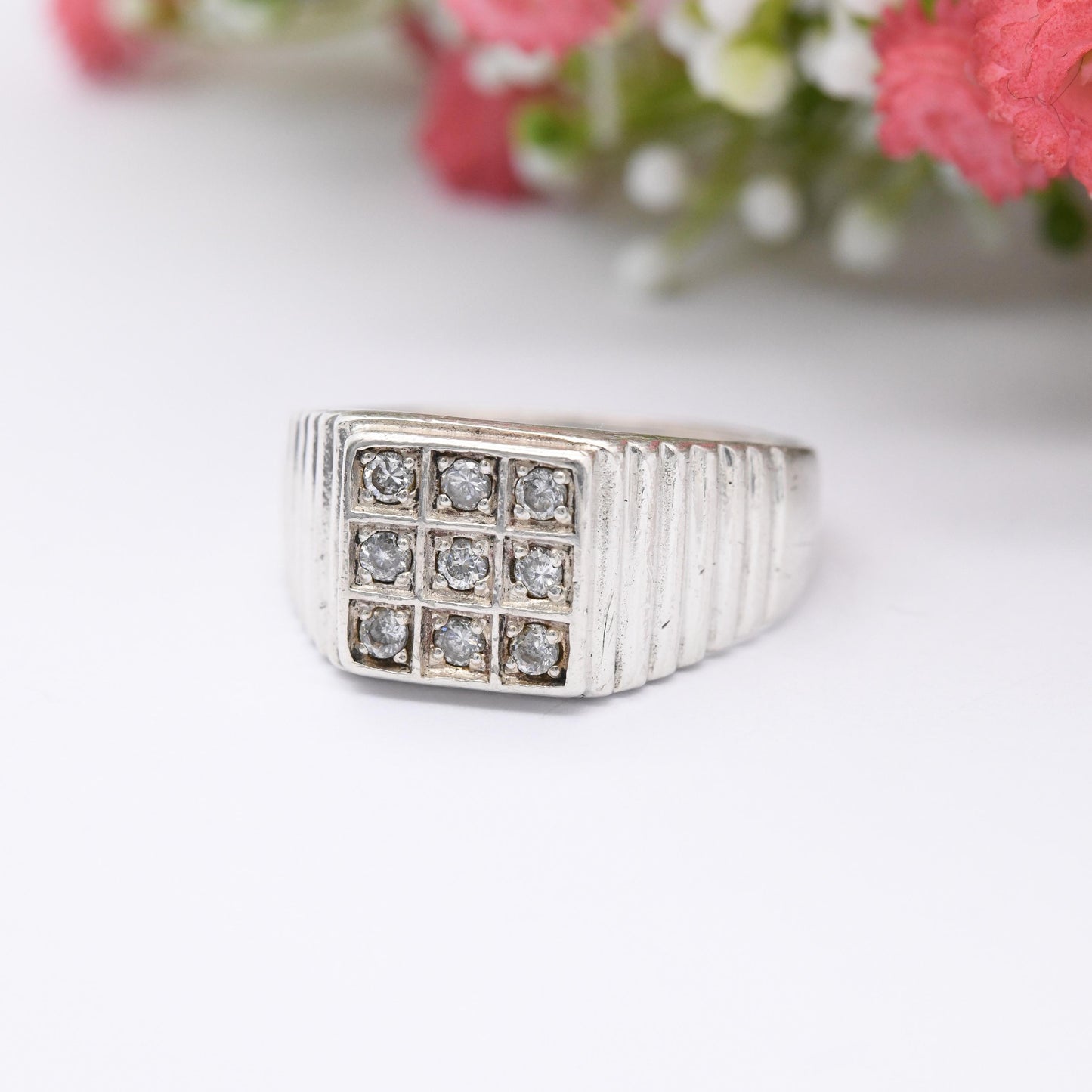 Vintage Sterling Silver Signet Ring with CZ Stones - Large Middle Finger Ring | Chunky Unisex Gift for Him | UK Size - Y | US Size - 12