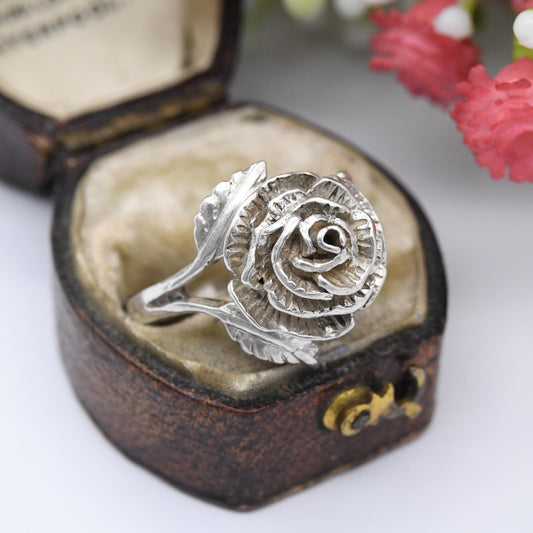 Vintage Sterling Silver Rose Ring - Modernist Flower Floral Shape | Pretty Gift for Her | UK Size - O | US Size - 7 1/4