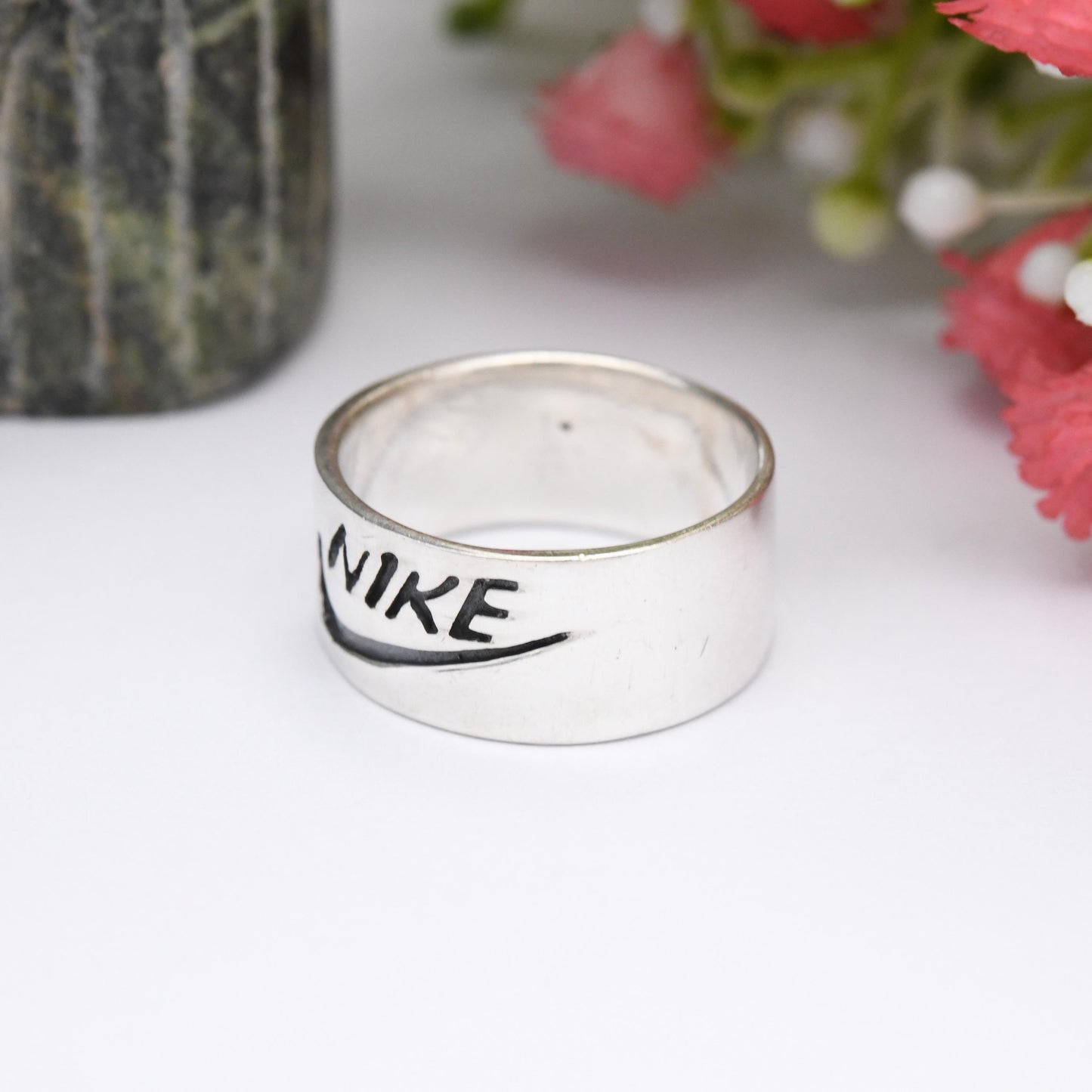 Vintage Sterling Silver Nike Logo Band Ring - Nike Tick Swoosh | Just Do It | Unisex Wide Band | UK Size - P | US Size - 7 1/2