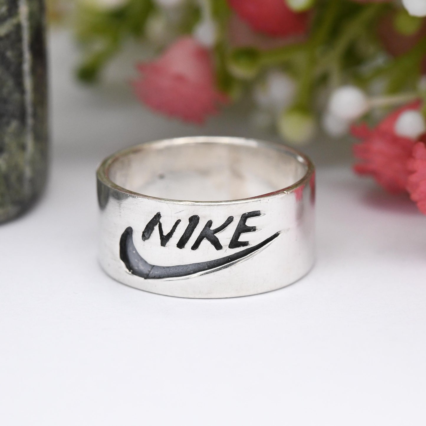 Vintage Sterling Silver Nike Logo Band Ring - Nike Tick Swoosh | Just Do It | Unisex Wide Band | UK Size - P | US Size - 7 1/2