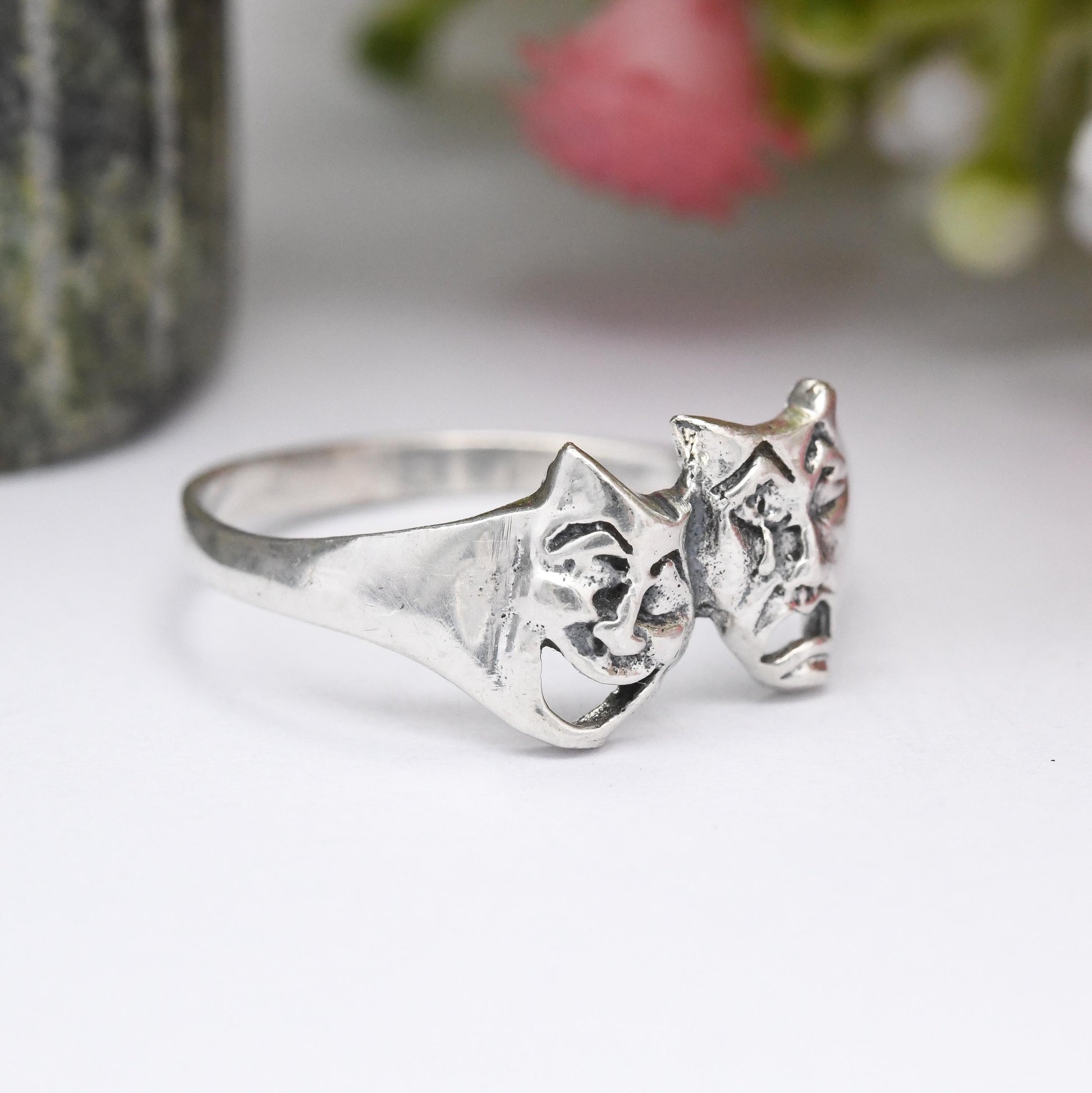 Vintage Sterling Silver Theatre Masks Ring - Sock and Buskin | Thalia and Melpomene Faces Linked | UK Size - T | US Size - 9 1/2